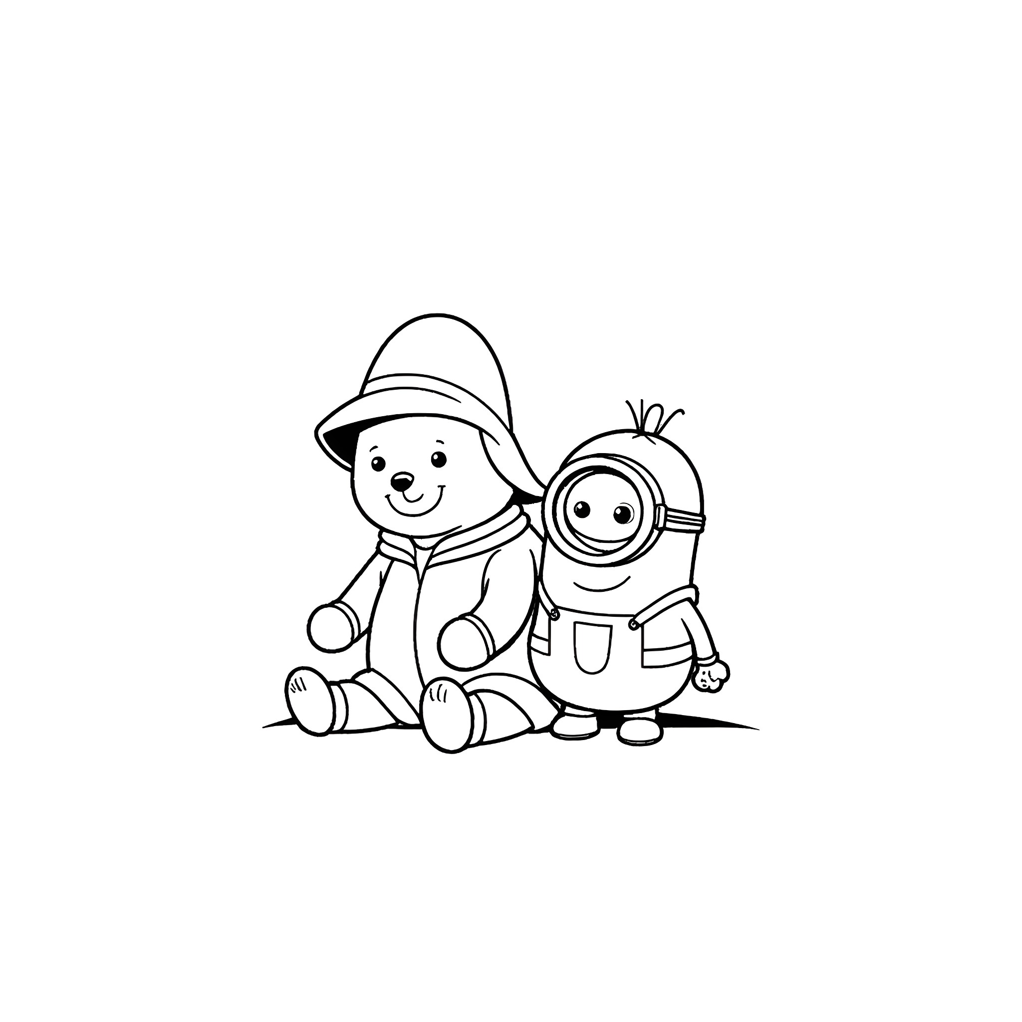 Paddington Bear and Minion sitting together Coloring Page (free black-and-white line drawing printable PDF for all, from beginners to advanced learners, including children, teens, adults, and seniors)