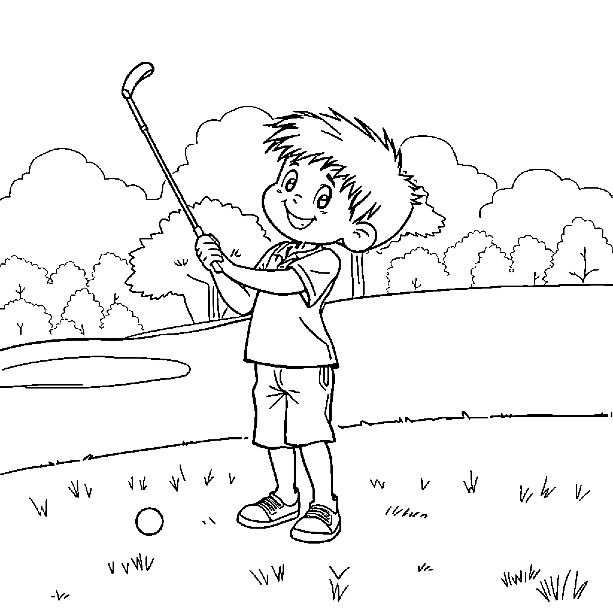 Boy exploring the outdoors with a stick Coloring Page (free black-and-white line drawing printable PDF for all, from beginners to advanced learners, including children, teens, adults, and seniors)