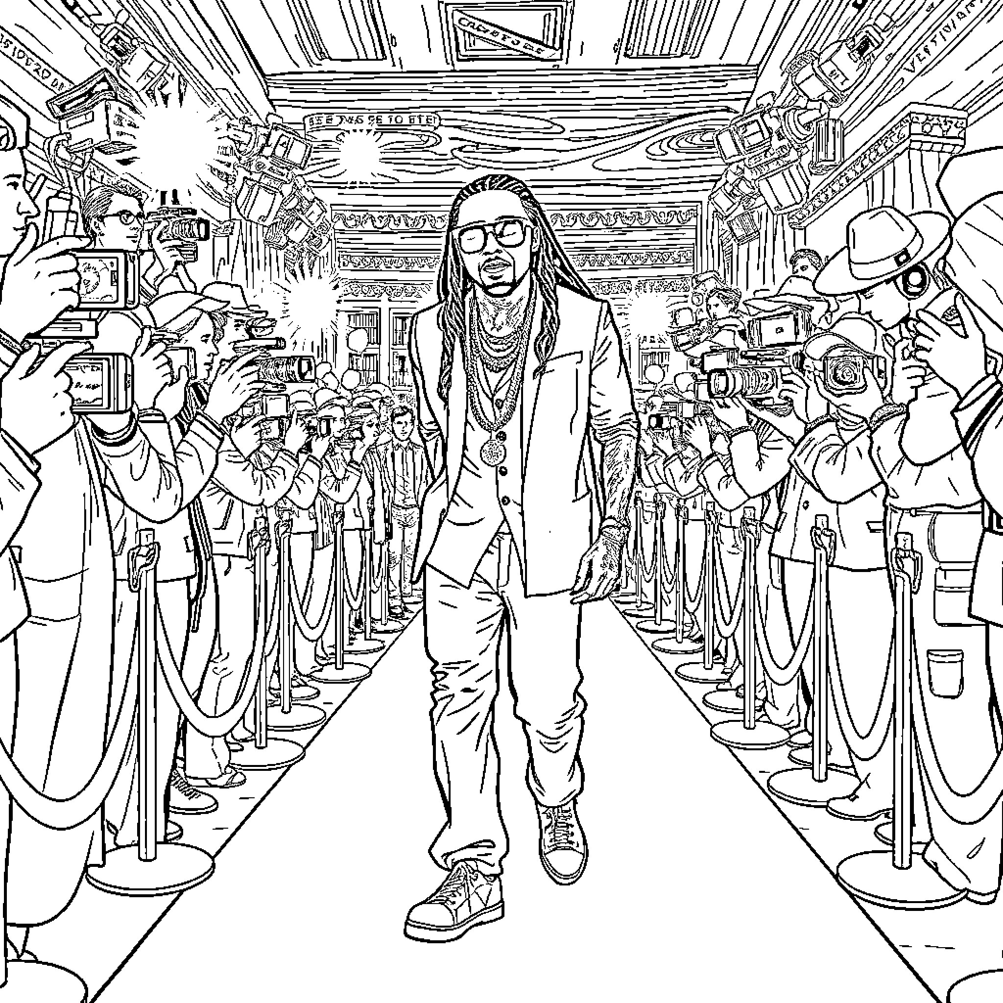 Lil Wayne on the red carpet surrounded by fans Coloring Page (free black-and-white line drawing printable PDF for all, from beginners to advanced learners, including children, teens, adults, and seniors)