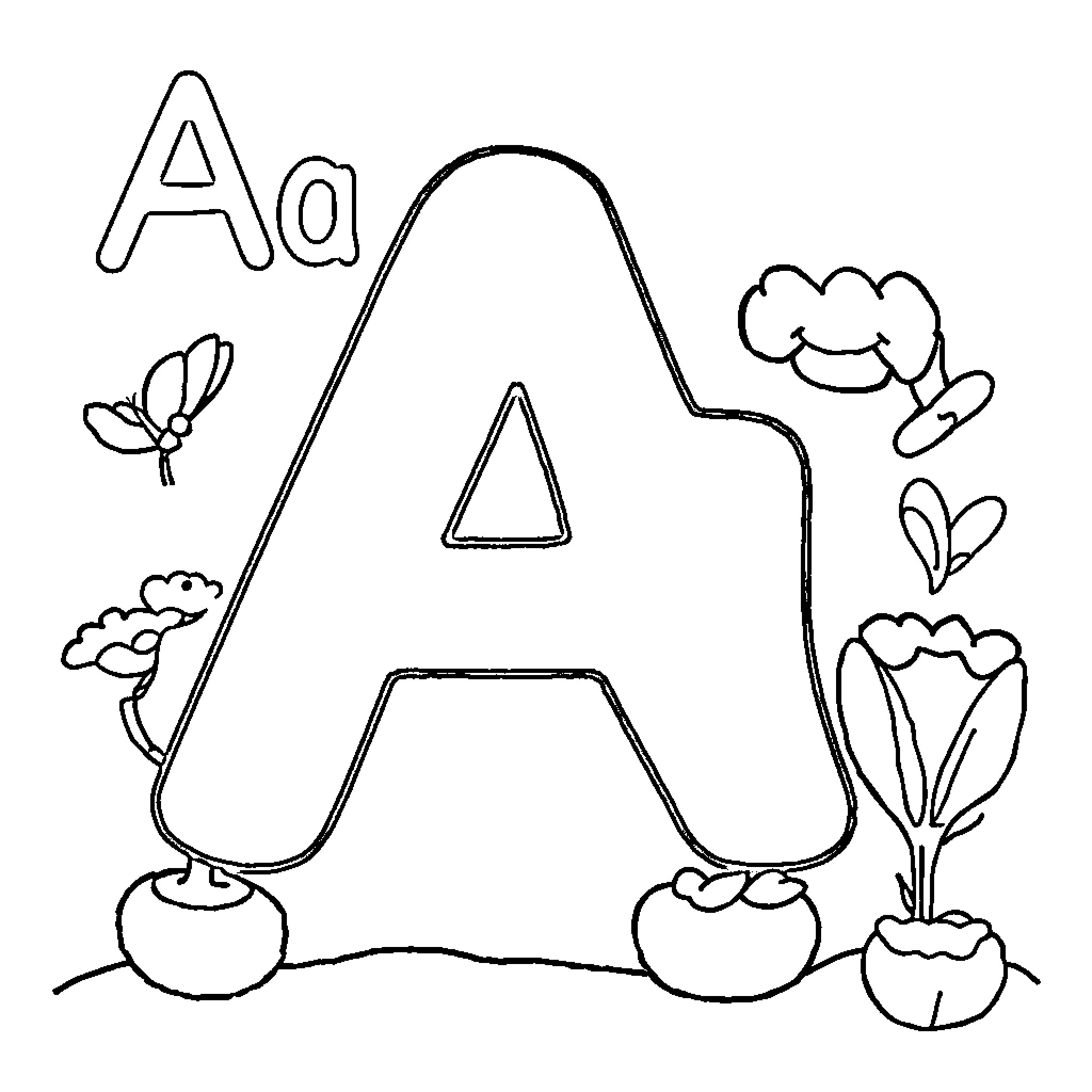 Letter A with playful floral elements Coloring Page (free black-and-white line drawing printable PDF for all, from beginners to advanced learners, including children, teens, adults, and seniors)