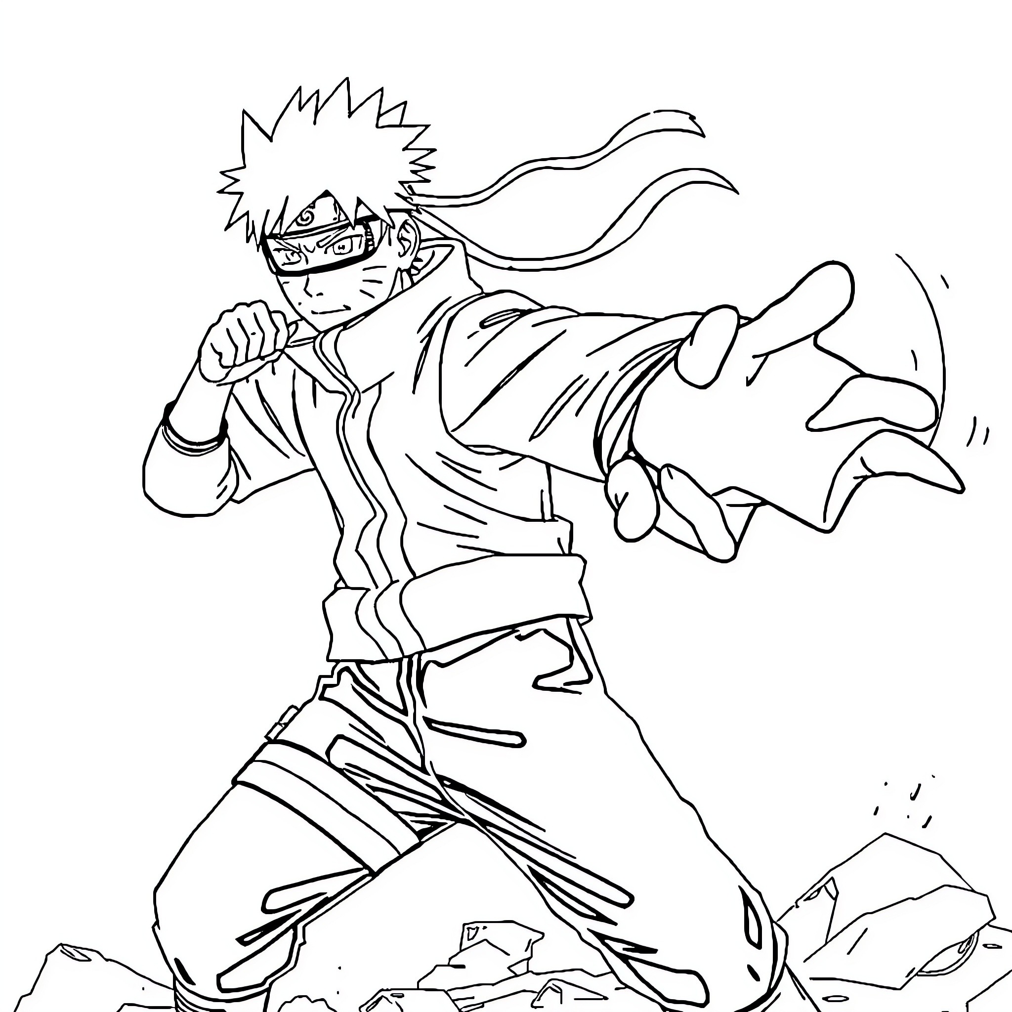 Naruto in fierce battle stance Coloring Page (free black-and-white line drawing printable PDF for all, from beginners to advanced learners, including children, teens, adults, and seniors)