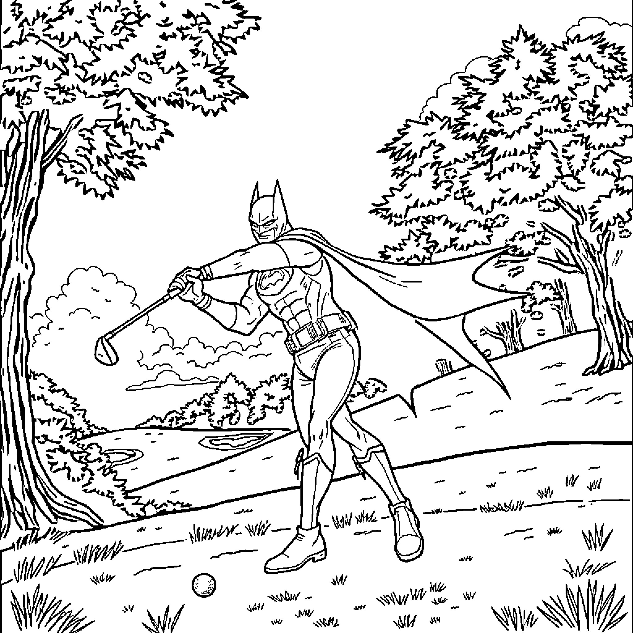 Batman exploring the enchanting forest landscape Coloring Page (free black-and-white line drawing printable PDF for all, from beginners to advanced learners, including children, teens, adults, and seniors)