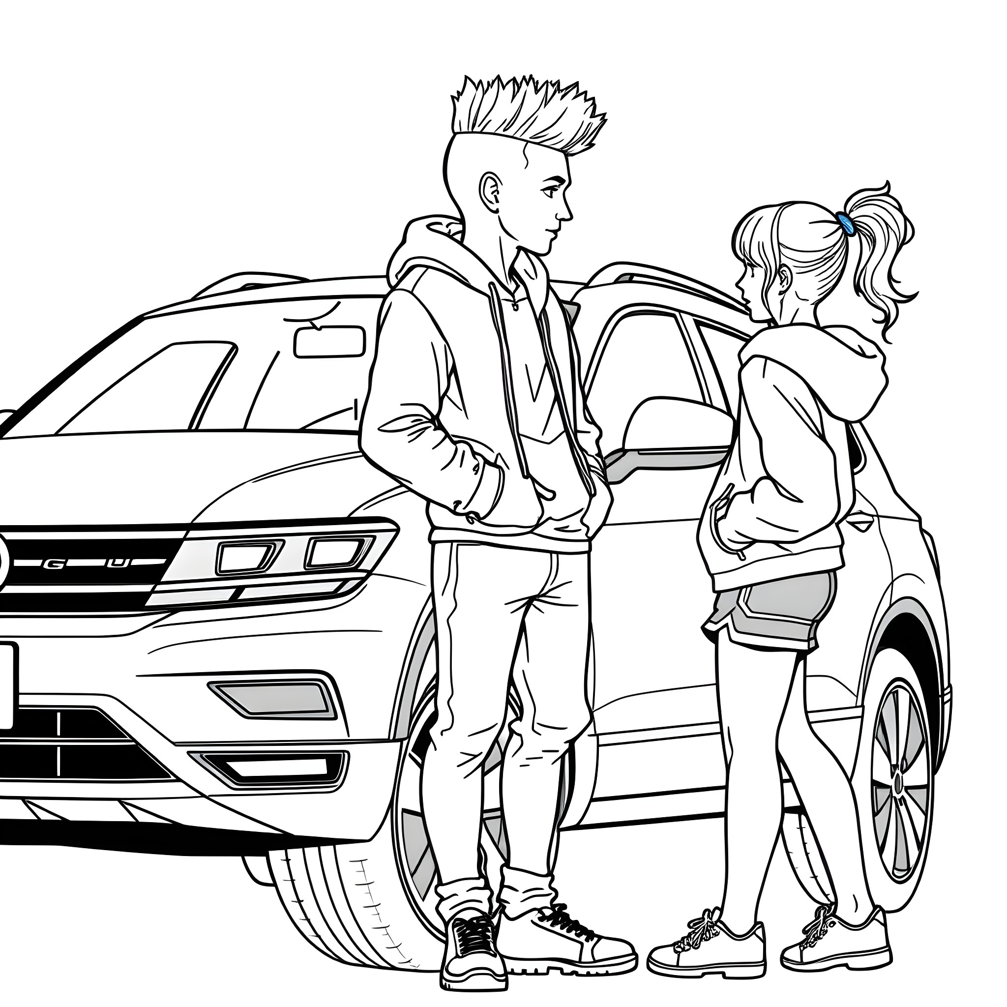 Teen couple admiring new car together Coloring Page (free black-and-white line drawing printable PDF for all, from beginners to advanced learners, including children, teens, adults, and seniors)