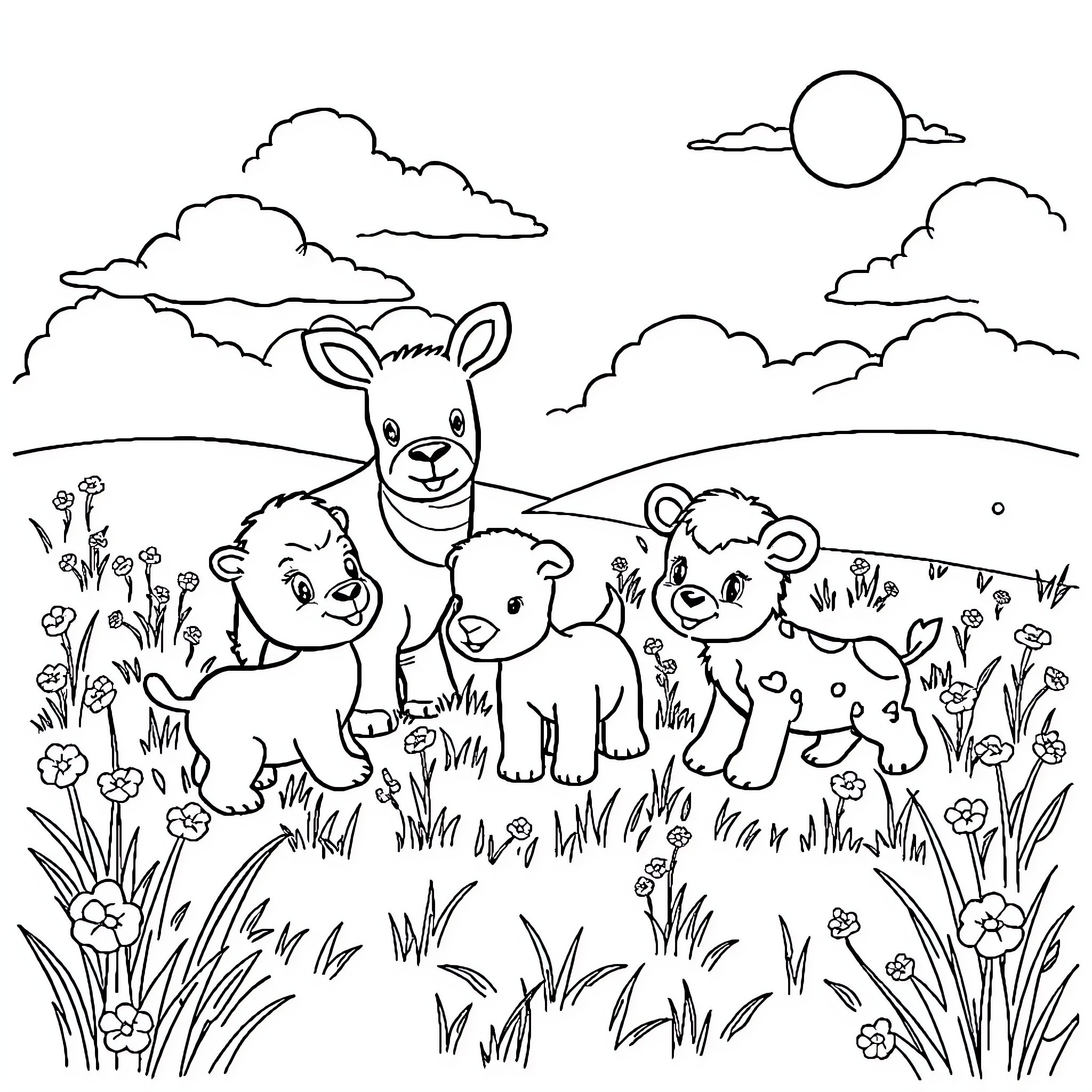 Baby Animals Playing in the Meadow Coloring Page (free black-and-white line drawing printable PDF for all, from beginners to advanced learners, including children, teens, adults, and seniors)