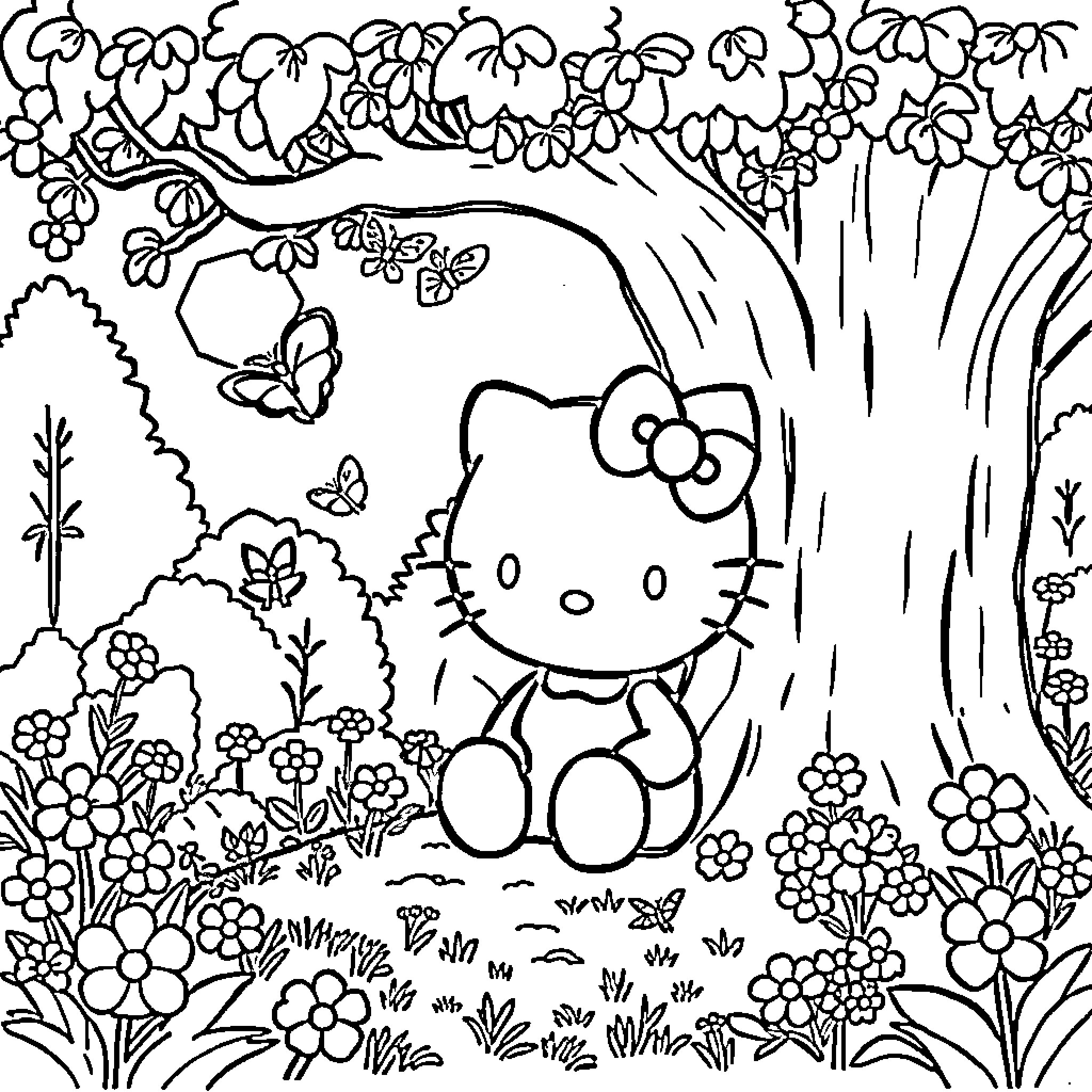 Hello Kitty enjoying a floral garden with butterflies Coloring Page (free black-and-white line drawing printable PDF for all, from beginners to advanced learners, including children, teens, adults, and seniors)