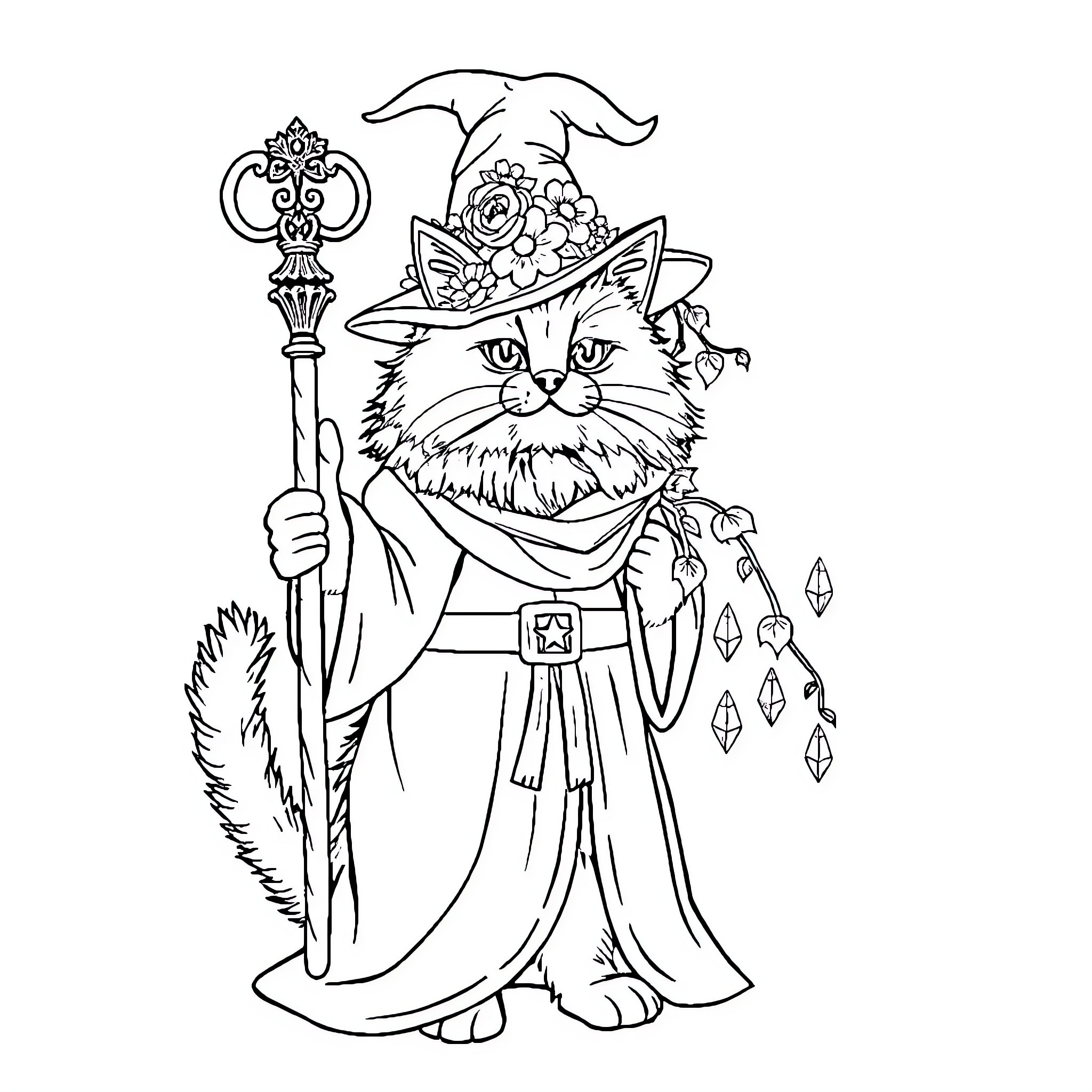 Cat Wizard with Magic Wand and Flowing Robes Coloring Page (free black-and-white line drawing printable PDF for all, from beginners to advanced learners, including children, teens, adults, and seniors)