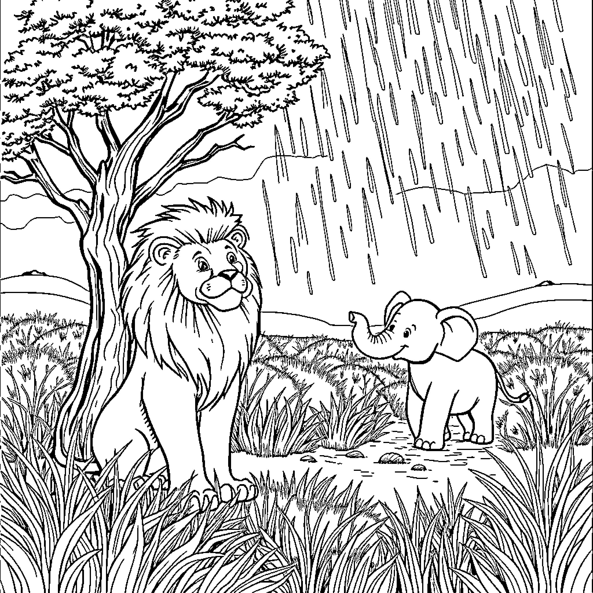 Lion and Elephant in the Rainy Jungle Coloring Page (free black-and-white line drawing printable PDF for all, from beginners to advanced learners, including children, teens, adults, and seniors)