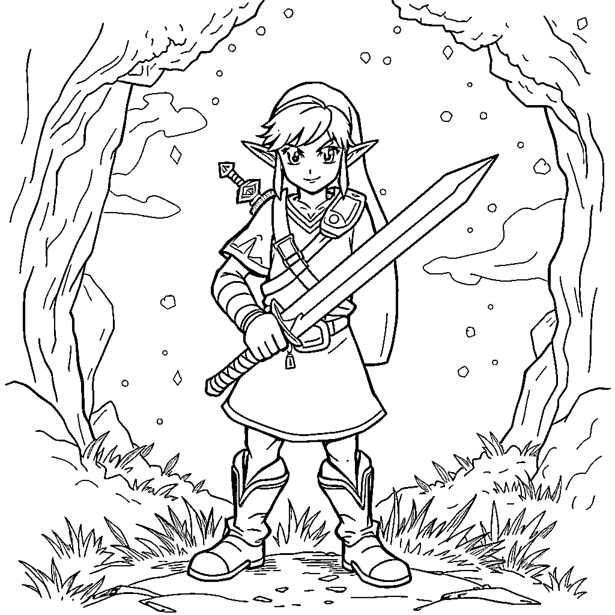 Link Exploring the Snowy Forest with Sword Coloring Page (free black-and-white line drawing printable PDF for all, from beginners to advanced learners, including children, teens, adults, and seniors)