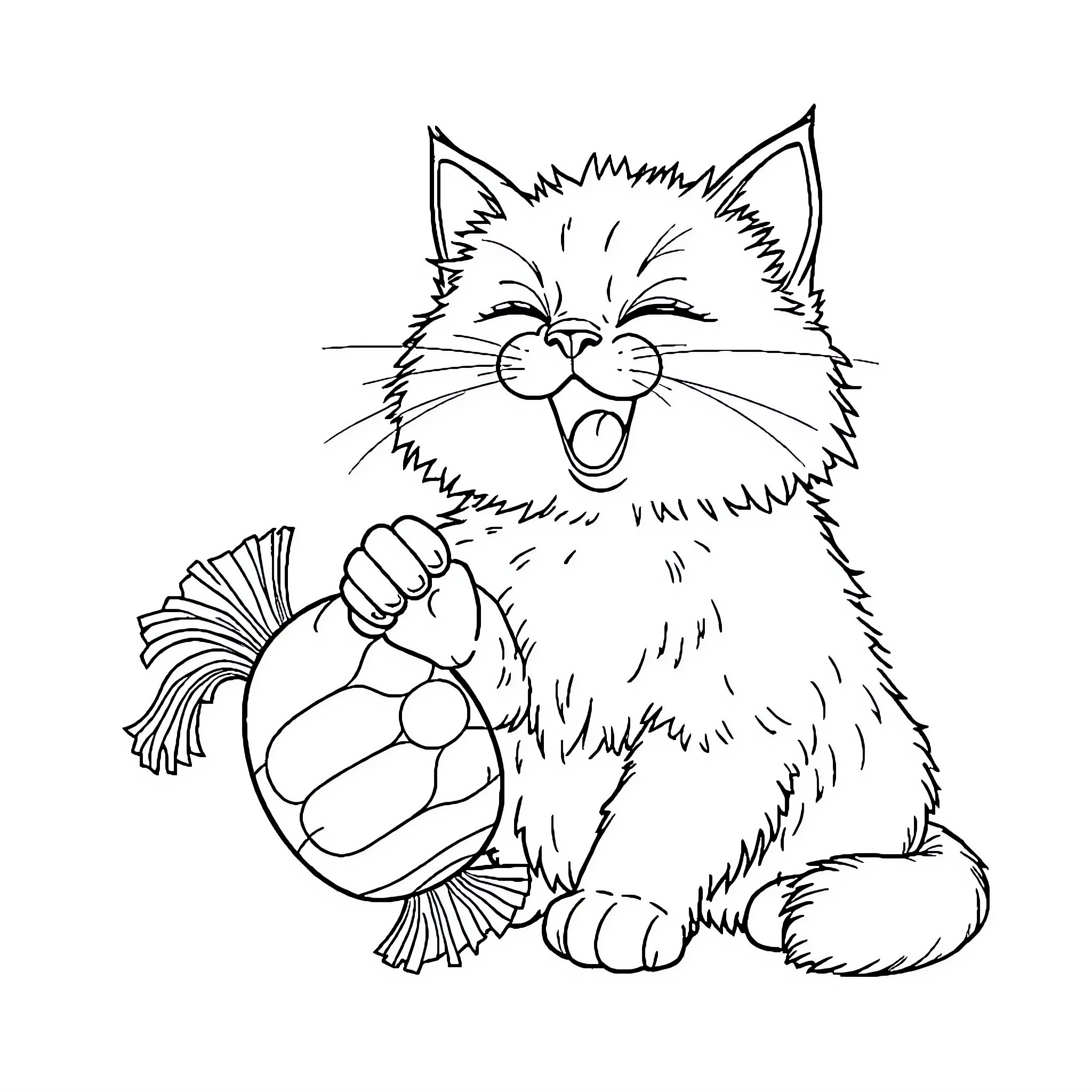 Cat playing with a toy in a playful mood Coloring Page (free black-and-white line drawing printable PDF for all, from beginners to advanced learners, including children, teens, adults, and seniors)