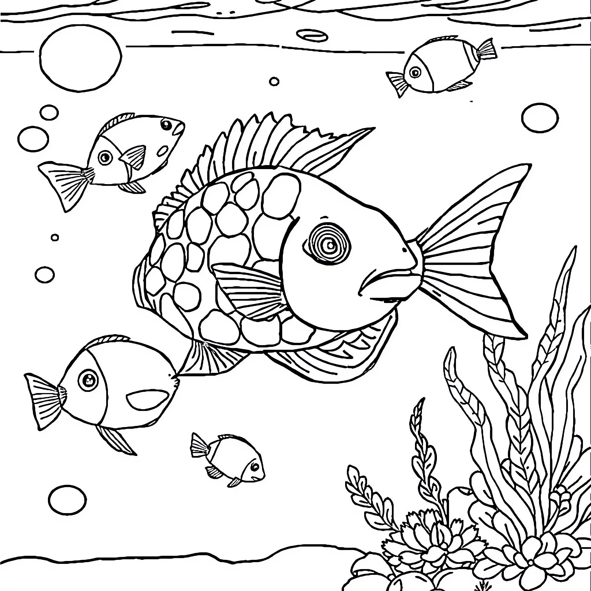 Fish swimming in underwater scene Coloring Page (free black-and-white line drawing printable PDF for all, from beginners to advanced learners, including children, teens, adults, and seniors)