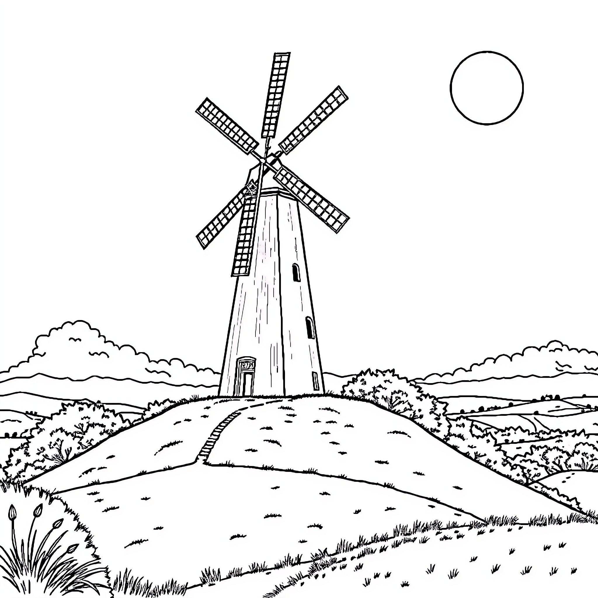 Windmill standing tall against the sky Coloring Page (free black-and-white line drawing printable PDF for all, from beginners to advanced learners, including children, teens, adults, and seniors)