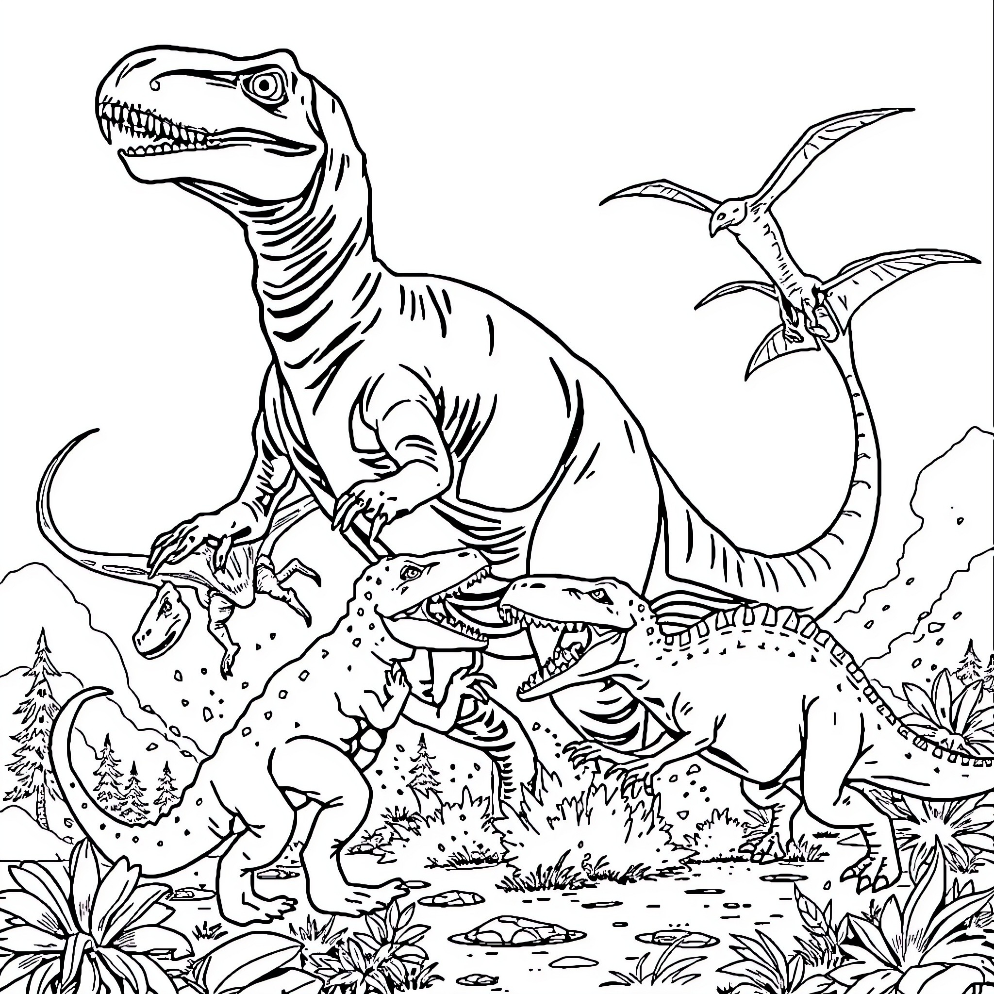 Dinosaurs in a prehistoric landscape Coloring Page (free black-and-white line drawing printable PDF for all, from beginners to advanced learners, including children, teens, adults, and seniors)