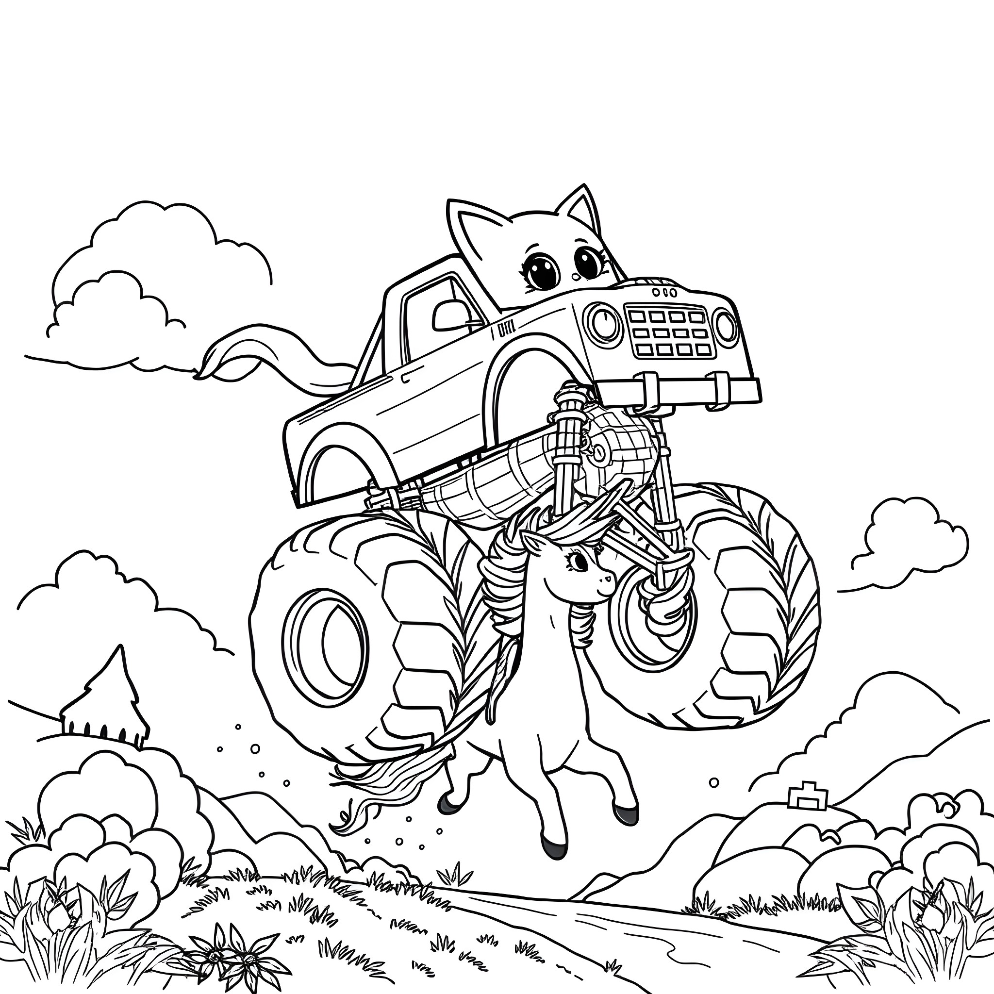 Kitten riding a monster truck in the countryside Coloring Page (free black-and-white line drawing printable PDF for all, from beginners to advanced learners, including children, teens, adults, and seniors)