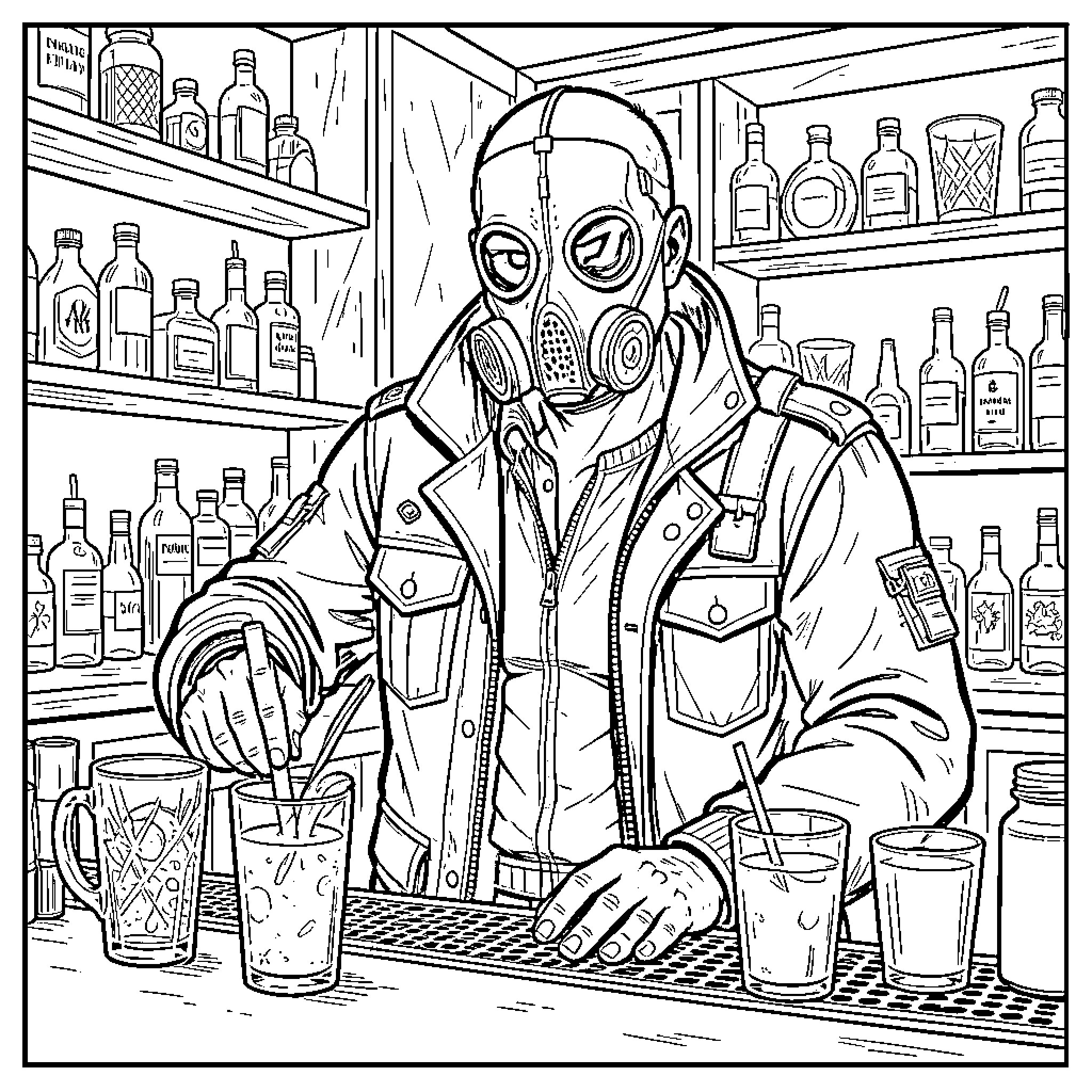 Bartender wearing a gas mask serving drinks at a bar Coloring Page (free black-and-white line drawing printable PDF for all, from beginners to advanced learners, including children, teens, adults, and seniors)