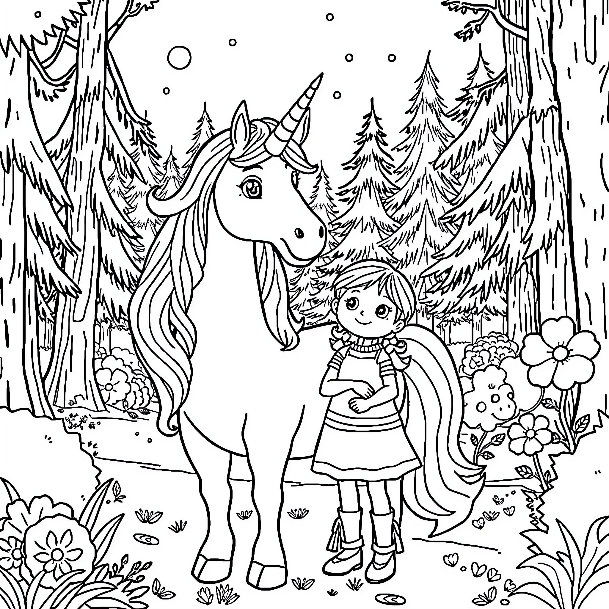 Ben and Holly exploring the magical forest with a unicorn Coloring Page (free black-and-white line drawing printable PDF for all, from beginners to advanced learners, including children, teens, adults, and seniors)
