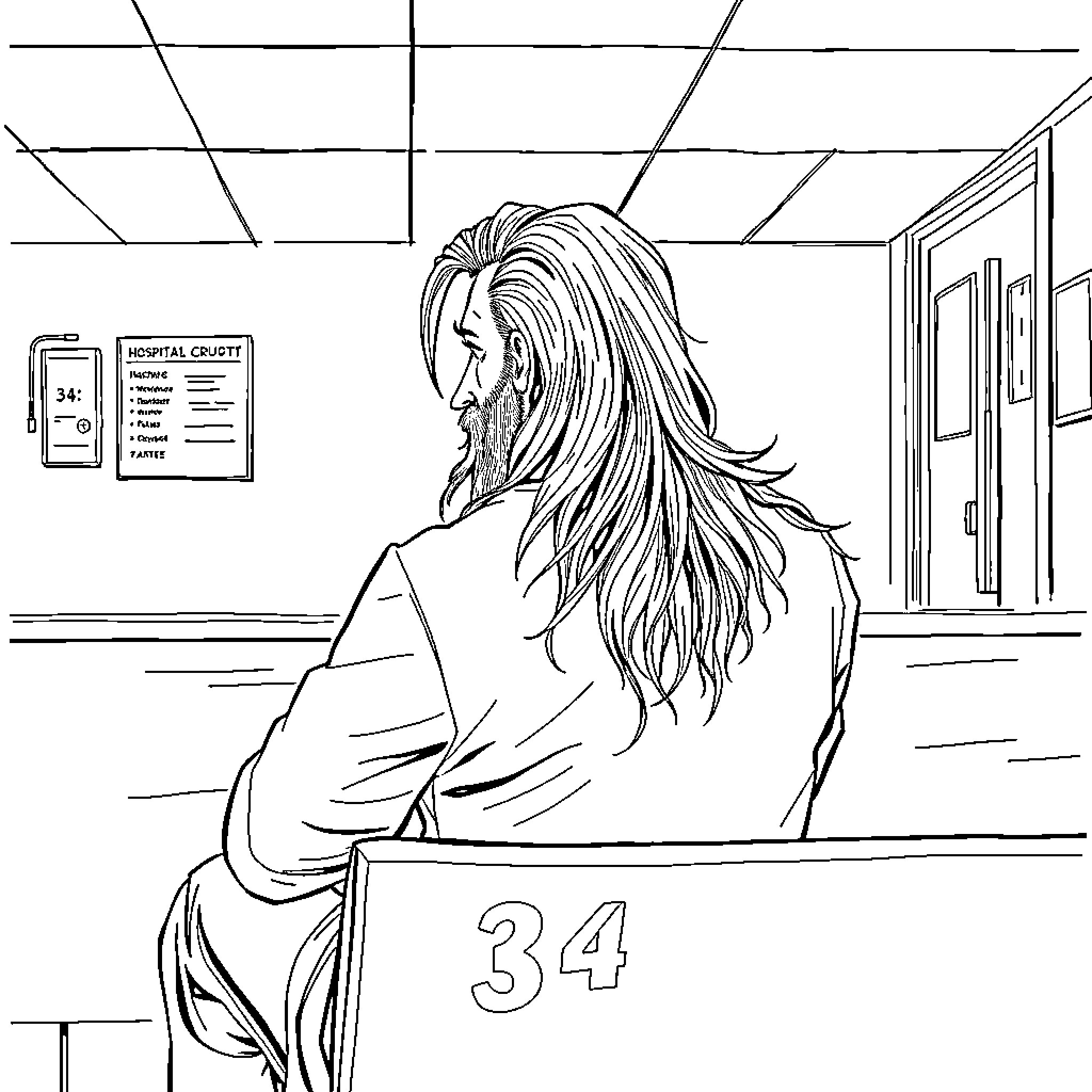 Guy waiting patiently in hospital room Coloring Page (free black-and-white line drawing printable PDF for all, from beginners to advanced learners, including children, teens, adults, and seniors)