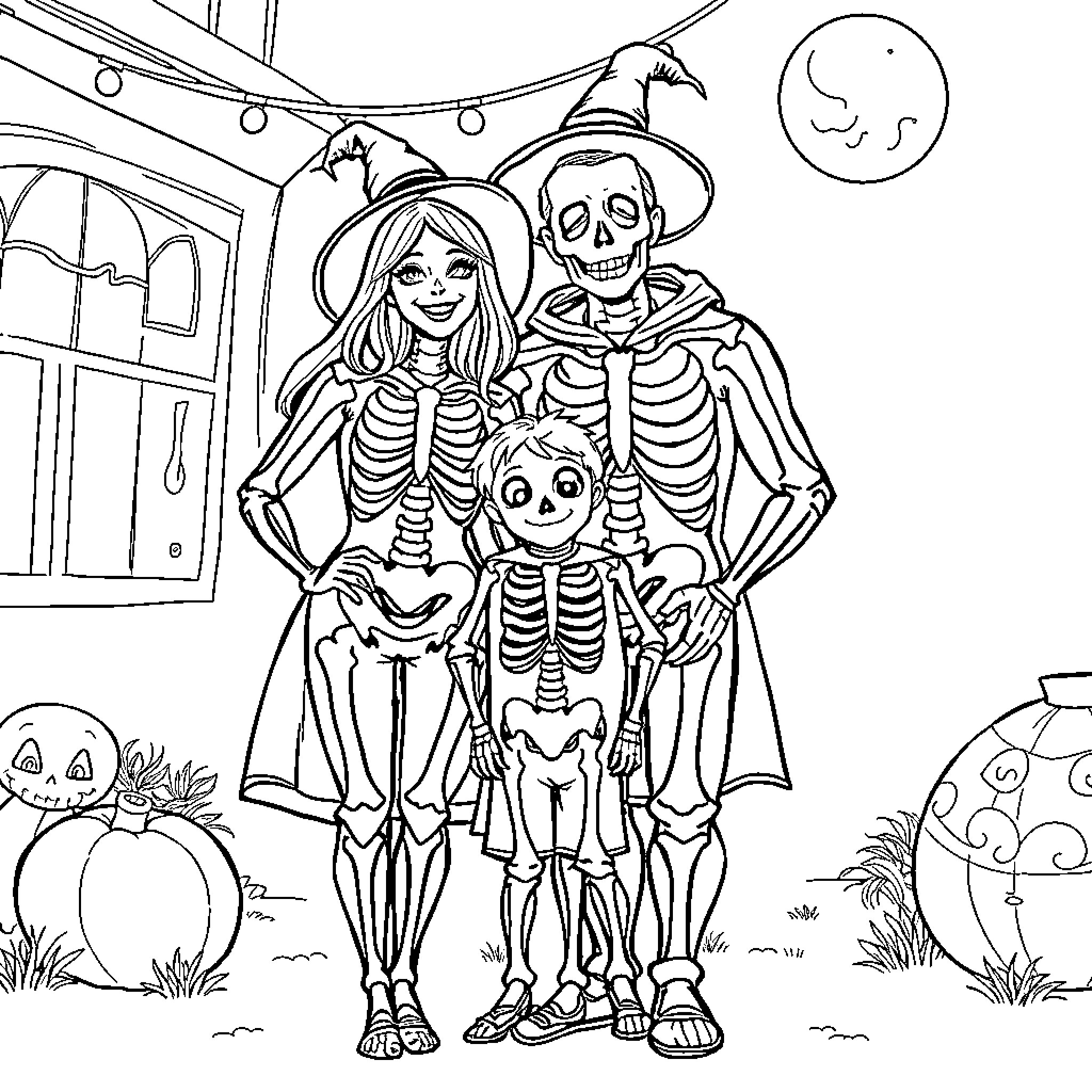 Skeleton family posing for a spooky Halloween photo Coloring Page (free black-and-white line drawing printable PDF for all, from beginners to advanced learners, including children, teens, adults, and seniors)