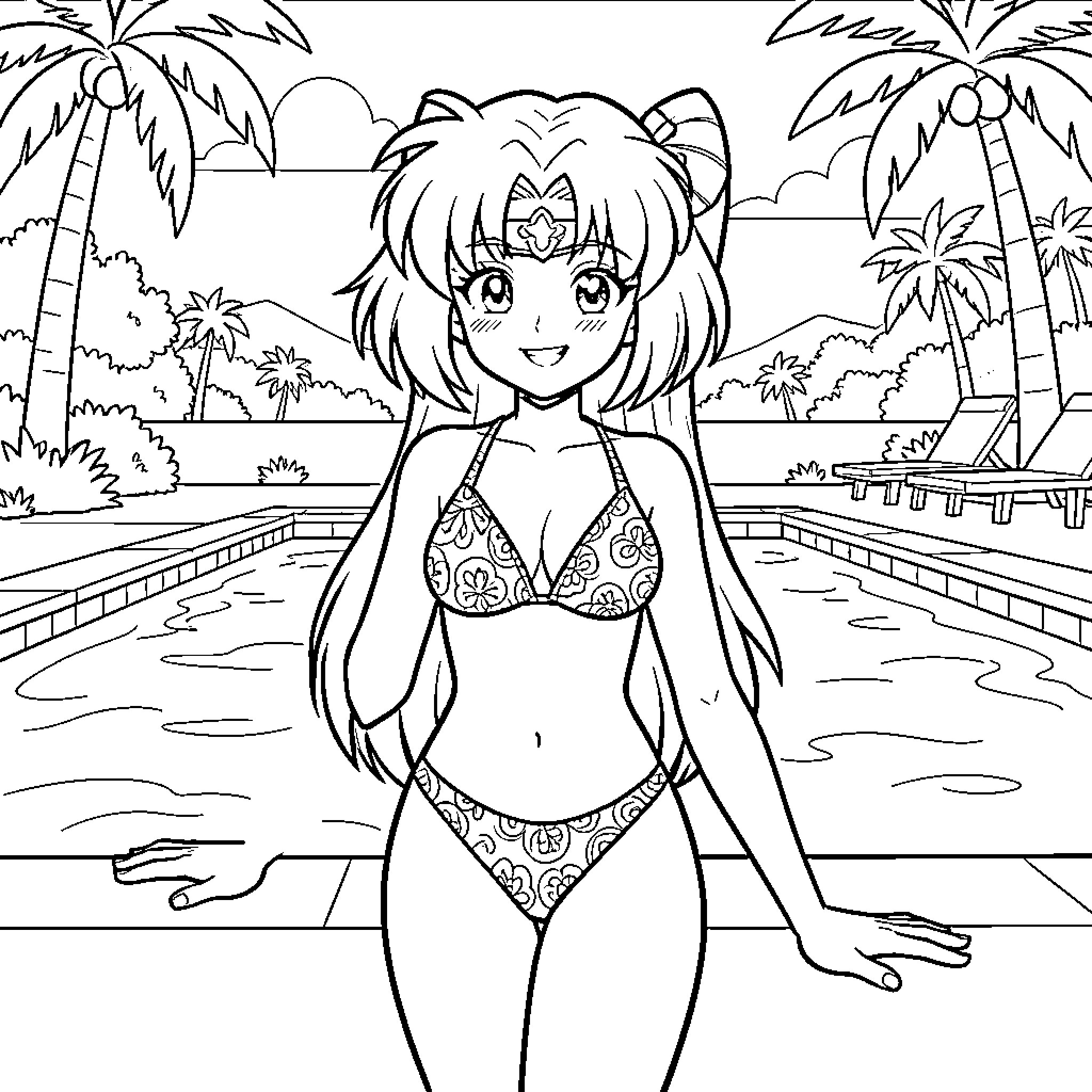Bulma enjoying a day by the pool Coloring Page (free black-and-white line drawing printable PDF for all, from beginners to advanced learners, including children, teens, adults, and seniors)