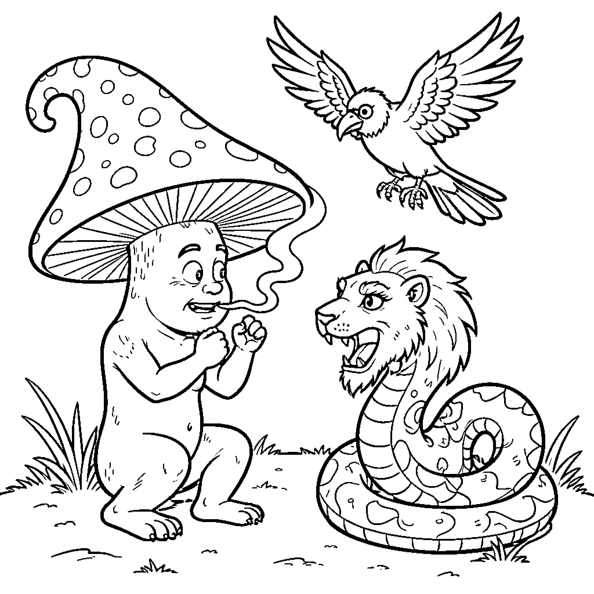 Seta's Whimsical Woodland Adventure Coloring Page (free black-and-white line drawing printable PDF for all, from beginners to advanced learners, including children, teens, adults, and seniors)