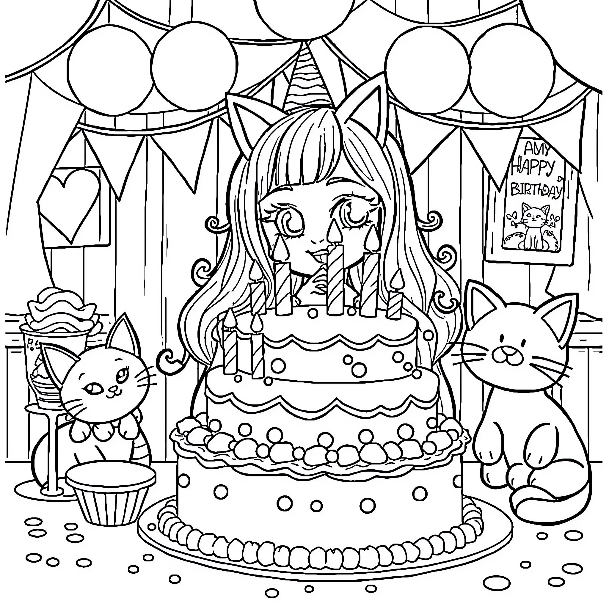 Cat's Happy Birthday Party Coloring Page (free black-and-white line drawing printable PDF for all, from beginners to advanced learners, including children, teens, adults, and seniors)