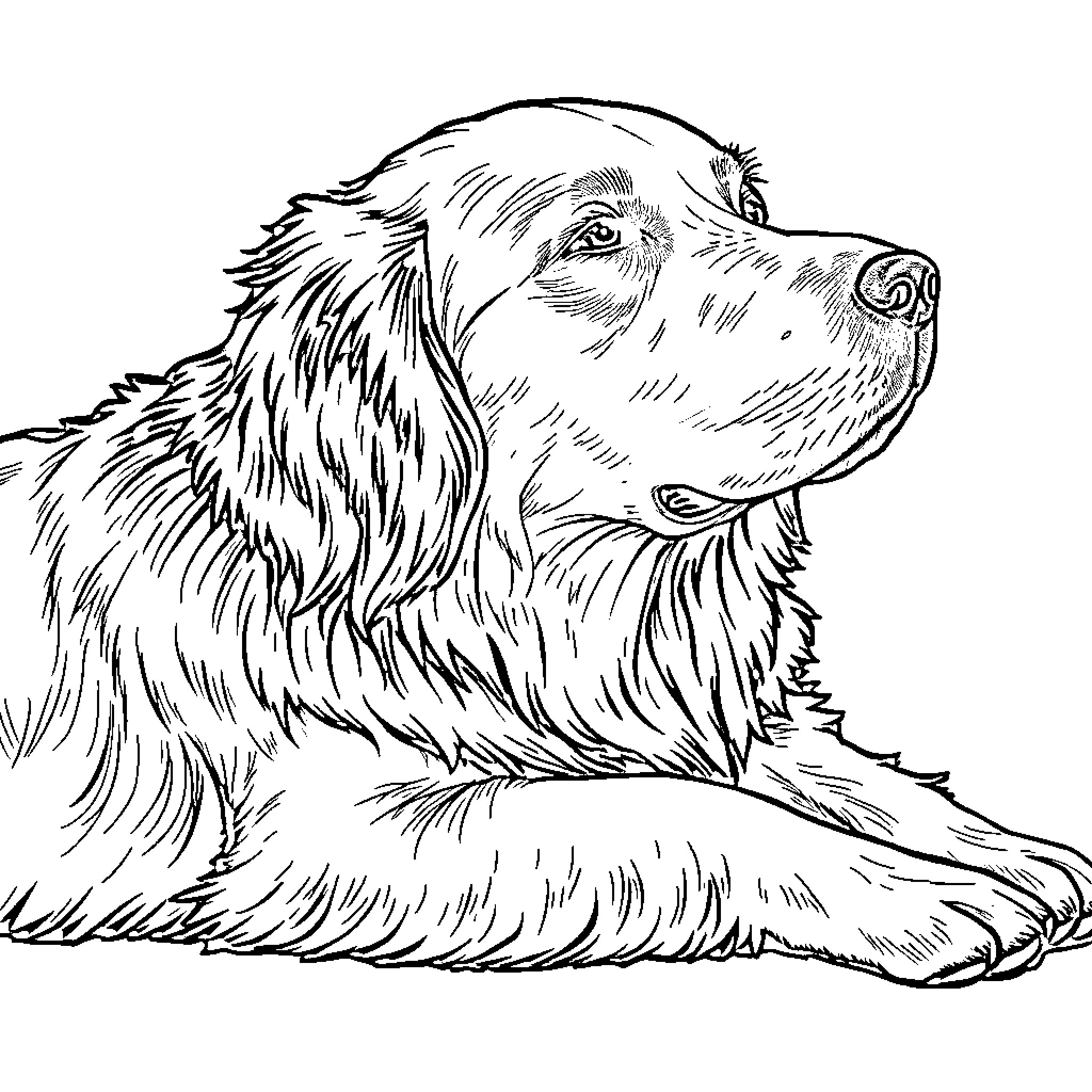 Golden Retriever Resting Calmly Coloring Page (free black-and-white line drawing printable PDF for all, from beginners to advanced learners, including children, teens, adults, and seniors)