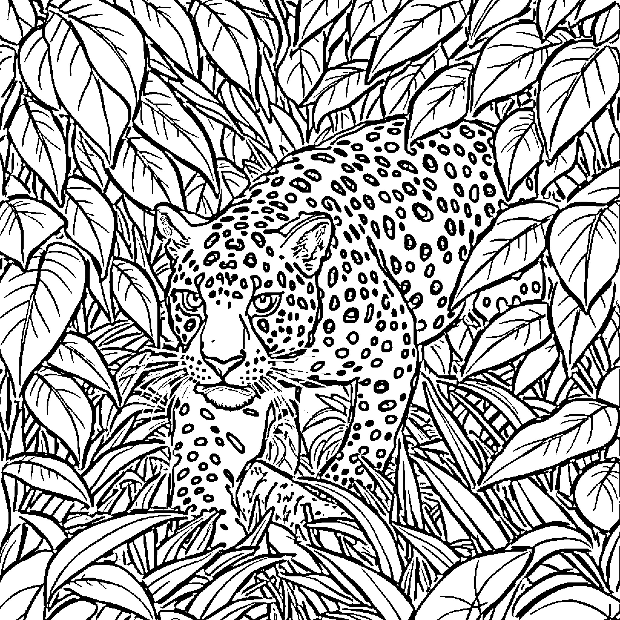 Jaguar stalking through lush tropical vegetation Coloring Page (free black-and-white line drawing printable PDF for all, from beginners to advanced learners, including children, teens, adults, and seniors)