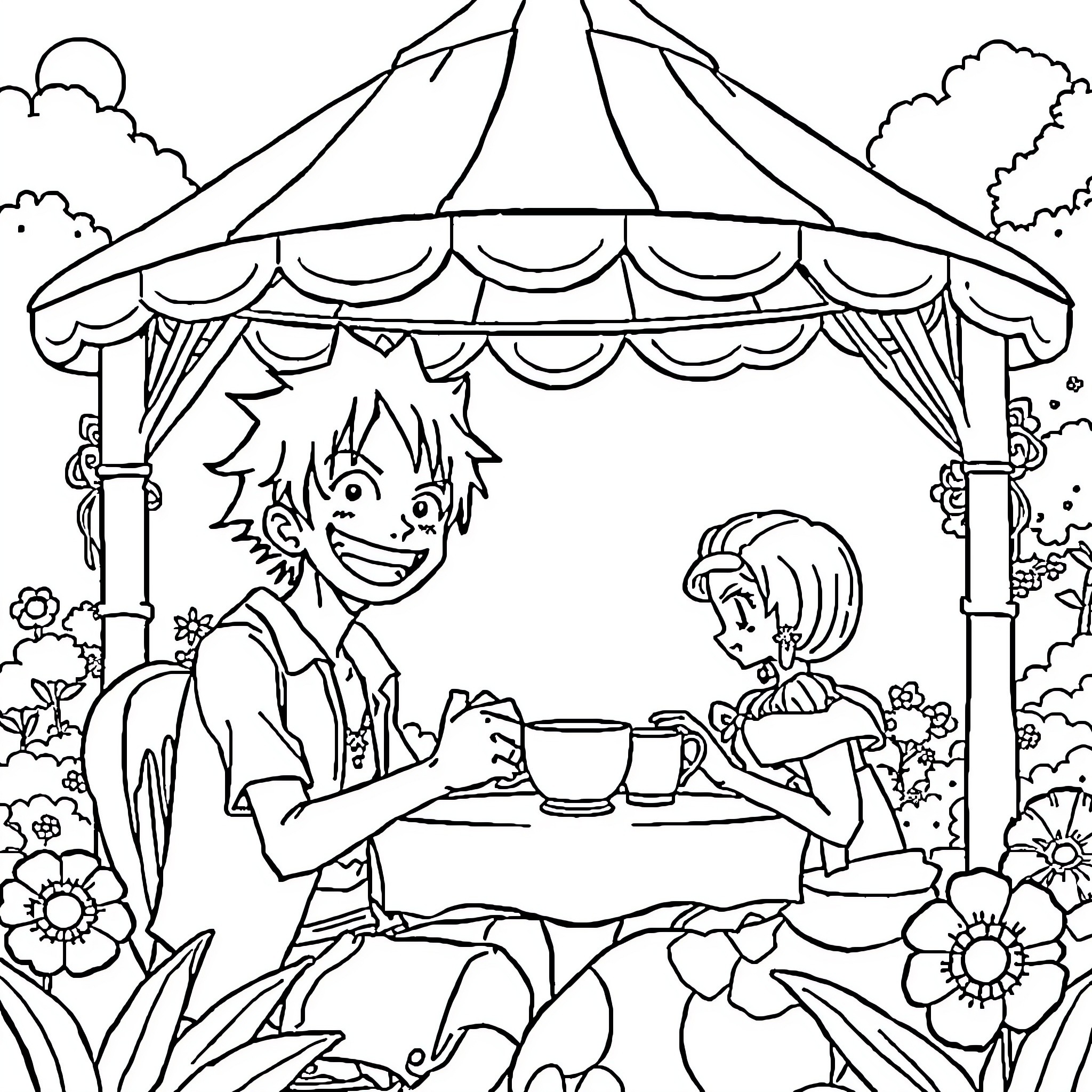 Luffy's Joyful Outdoor Tea Party Coloring Page (free black-and-white line drawing printable PDF for all, from beginners to advanced learners, including children, teens, adults, and seniors)