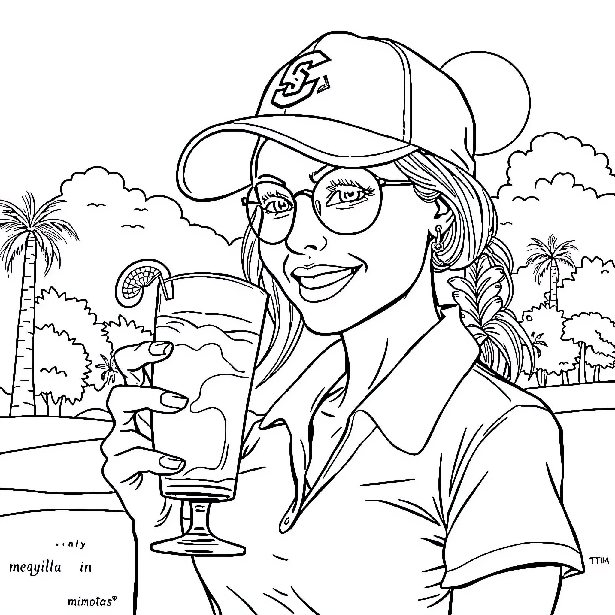 Golfer enjoying tropical vacation with beverage Coloring Page (free black-and-white line drawing printable PDF for all, from beginners to advanced learners, including children, teens, adults, and seniors)