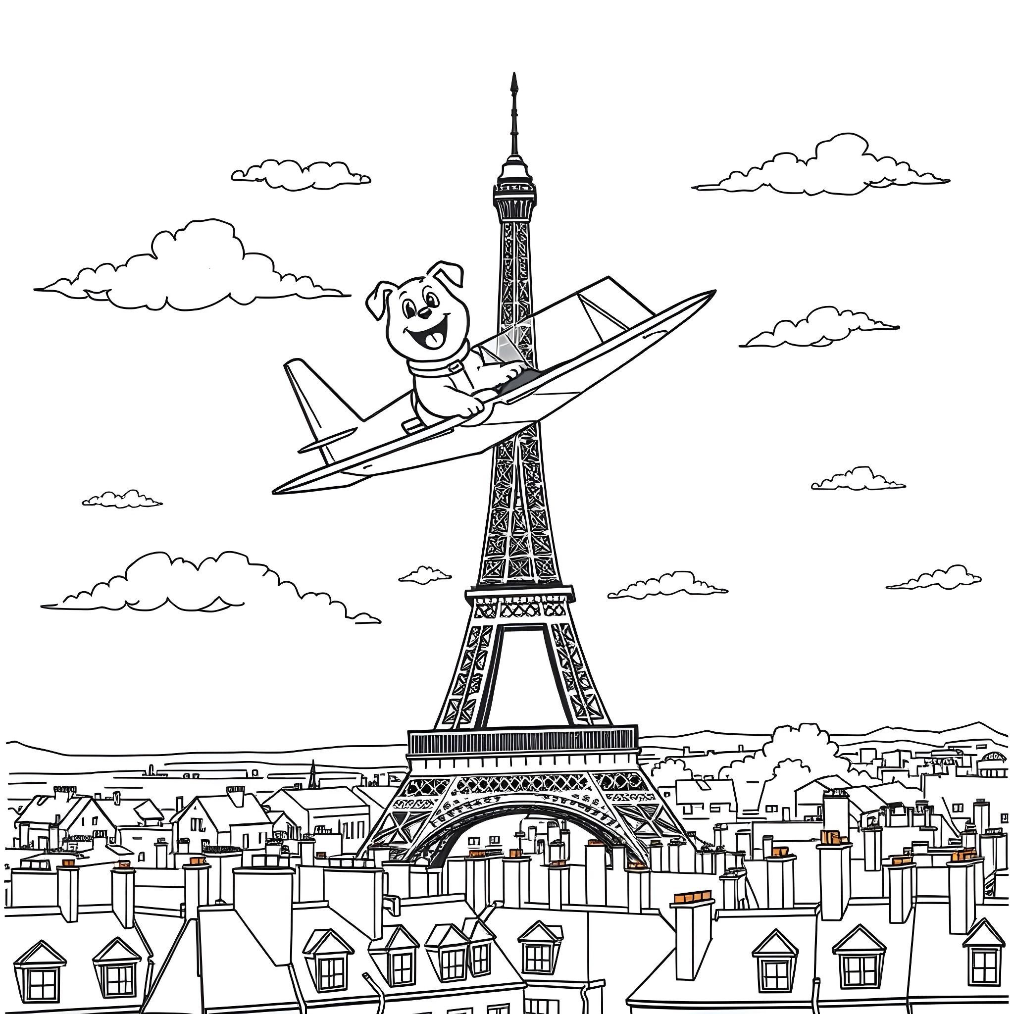 Dog riding plane over Eiffel Tower Coloring Page (free black-and-white line drawing printable PDF for all, from beginners to advanced learners, including children, teens, adults, and seniors)