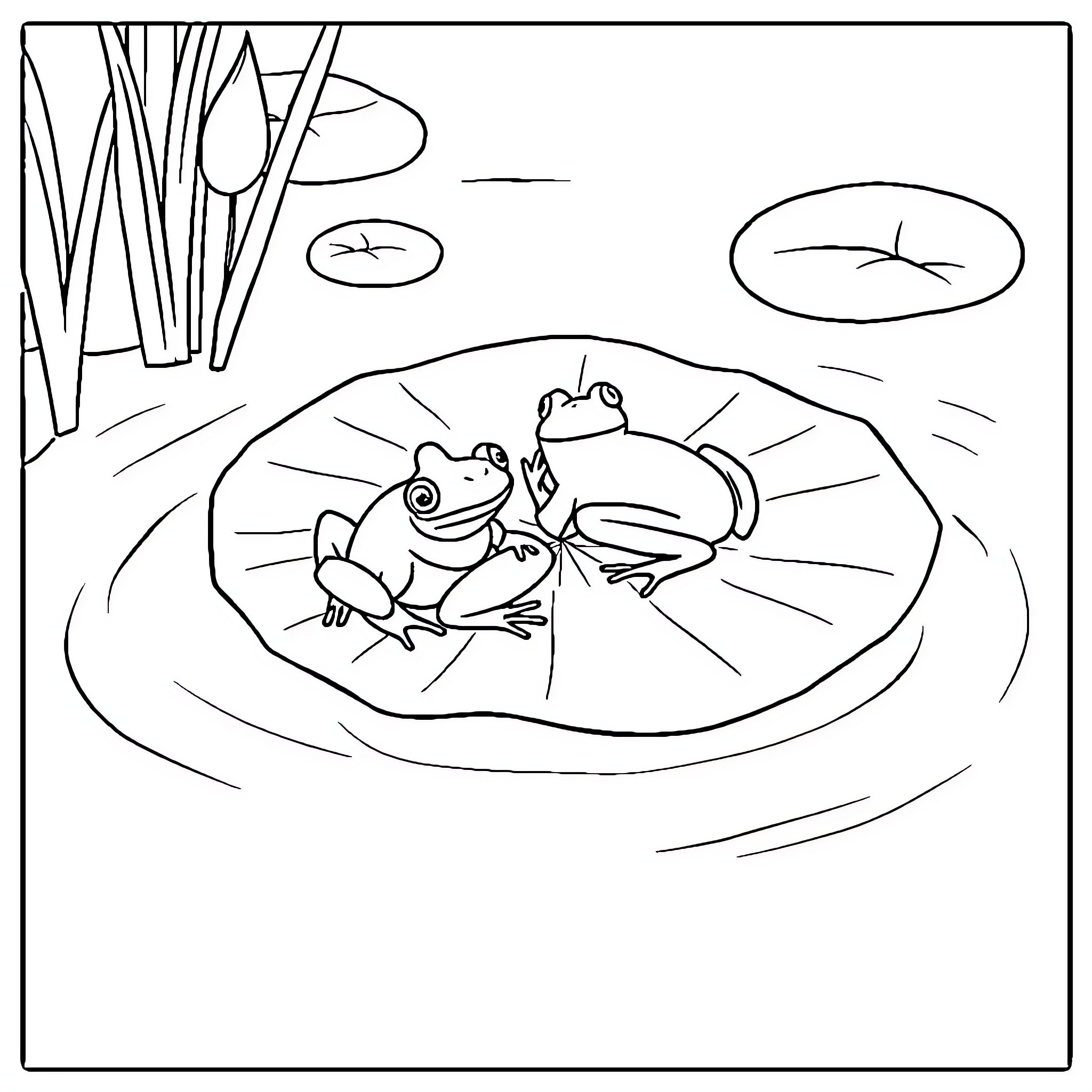 Frog relaxing on lily pad in pond Coloring Page (free black-and-white line drawing printable PDF for all, from beginners to advanced learners, including children, teens, adults, and seniors)