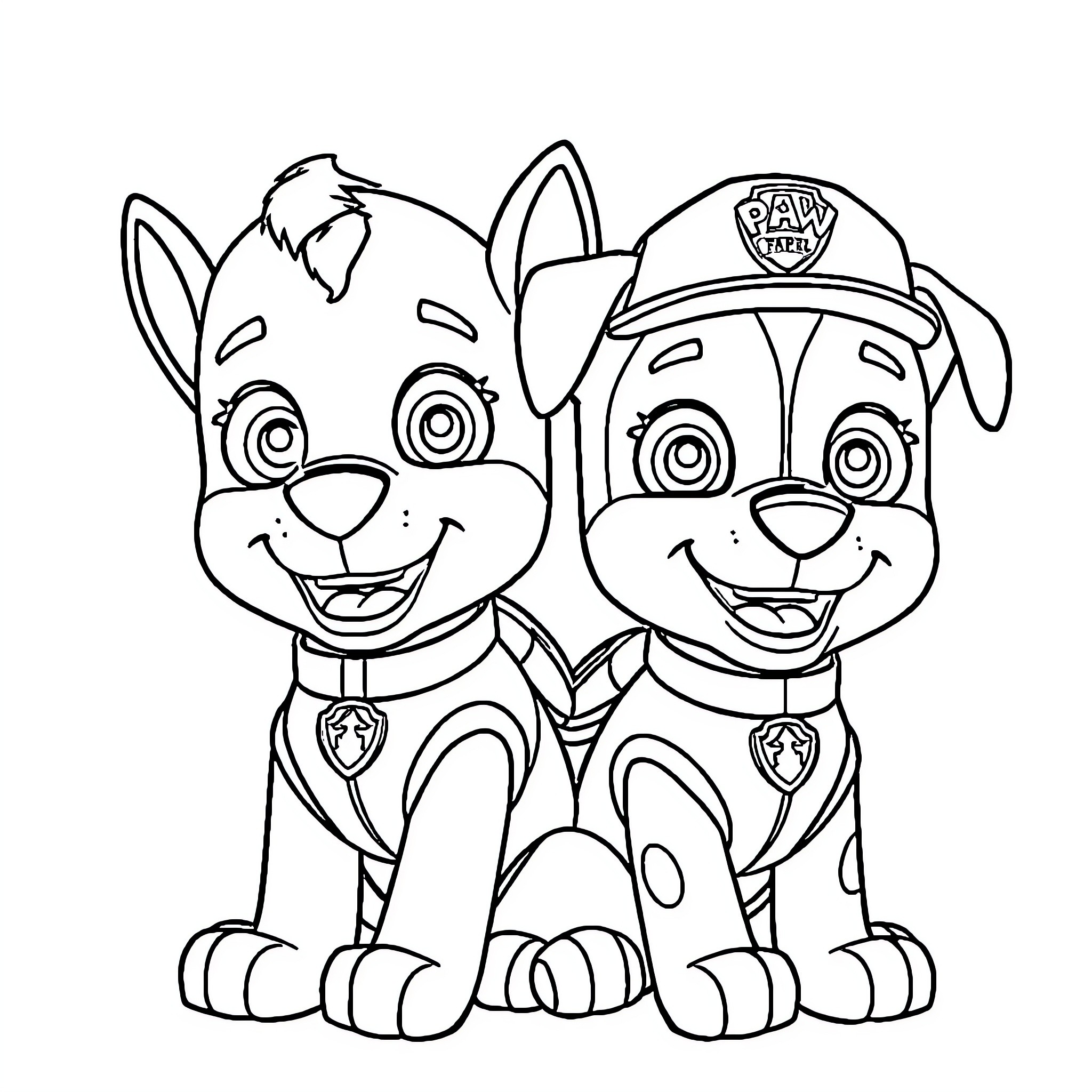 Dog Pals in Uniform Having Fun Coloring Page (free black-and-white line drawing printable PDF for all, from beginners to advanced learners, including children, teens, adults, and seniors)