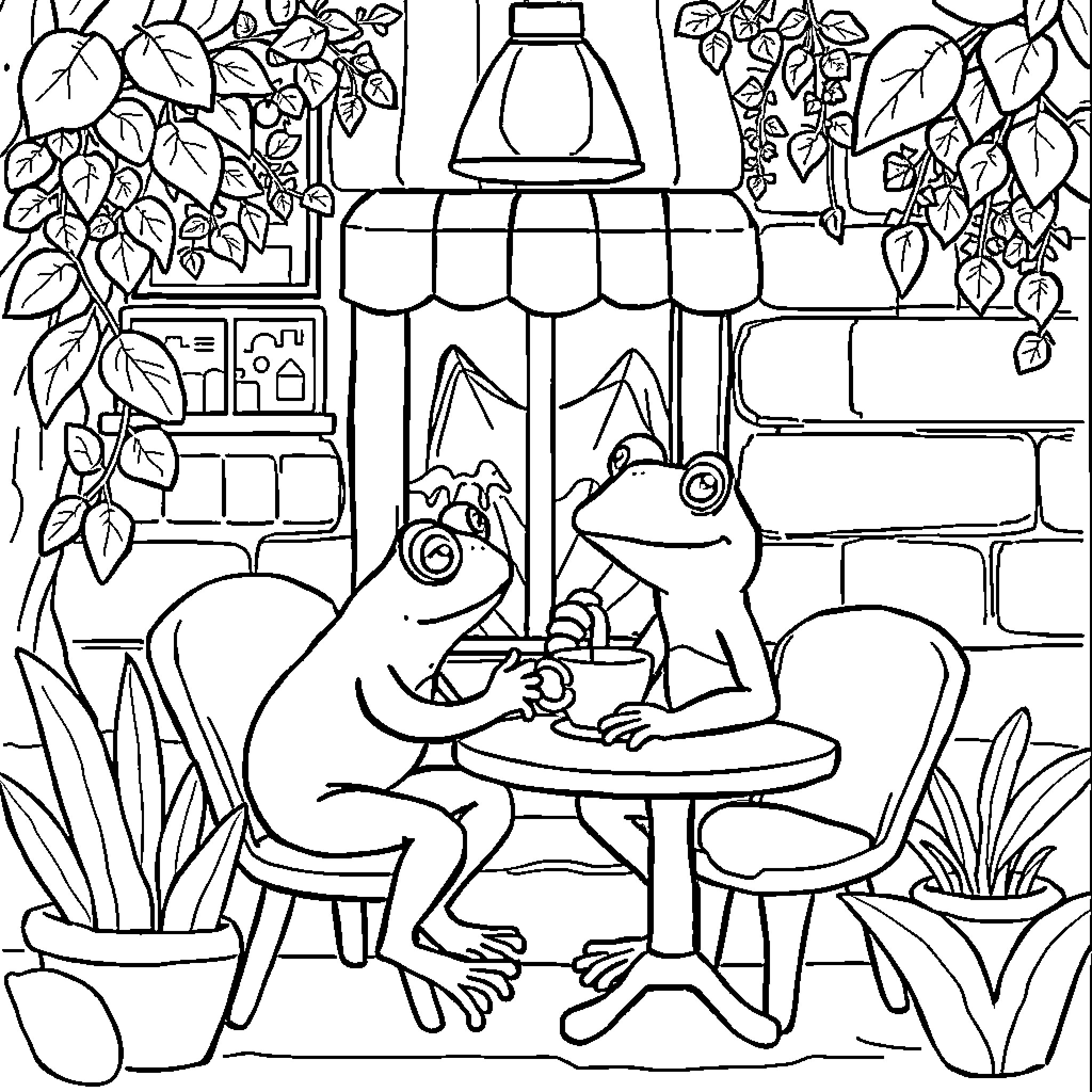 Frogs enjoying a cozy cafe scene Coloring Page (free black-and-white line drawing printable PDF for all, from beginners to advanced learners, including children, teens, adults, and seniors)