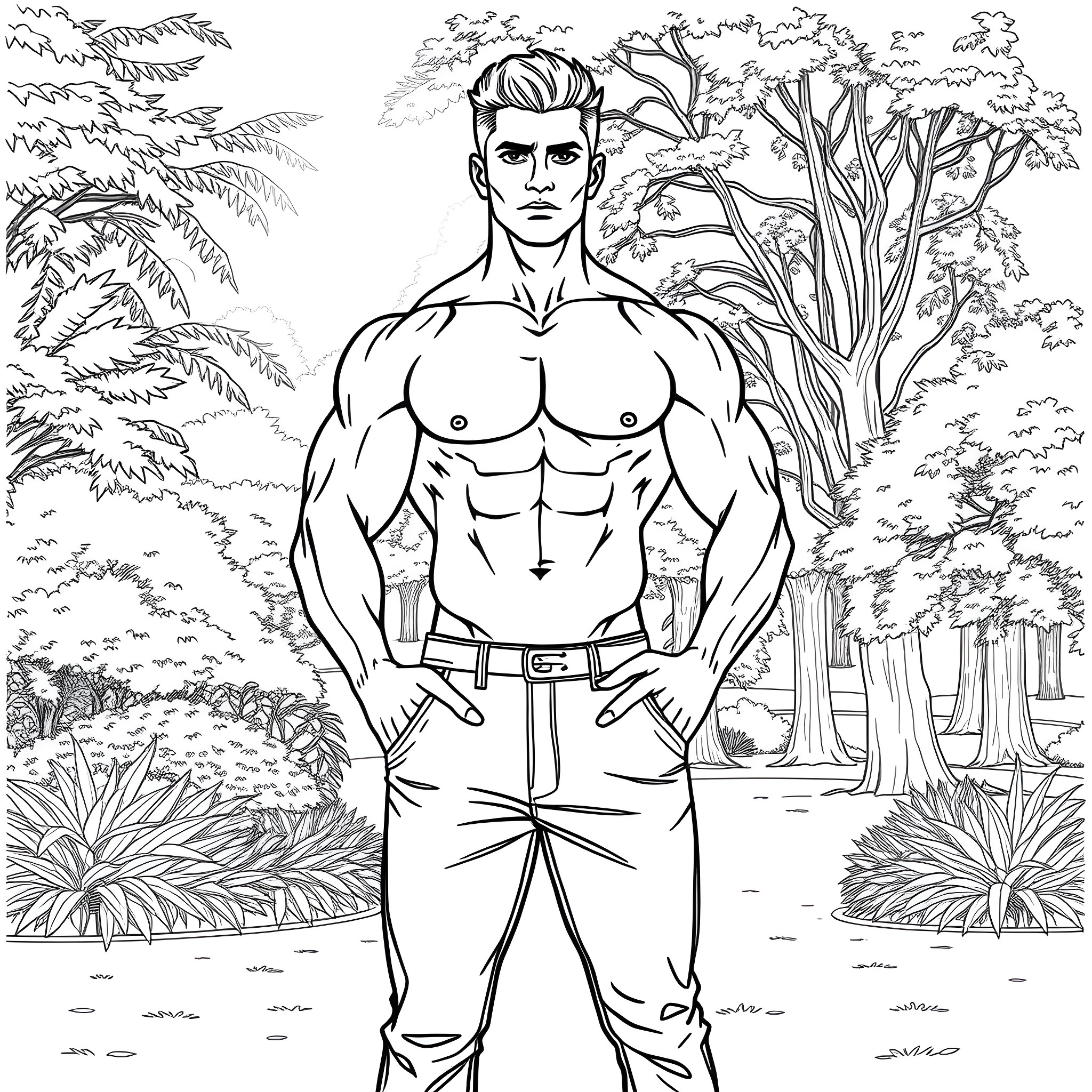 Man Flexing Muscles in Tropical Forest Coloring Page (free black-and-white line drawing printable PDF for all, from beginners to advanced learners, including children, teens, adults, and seniors)