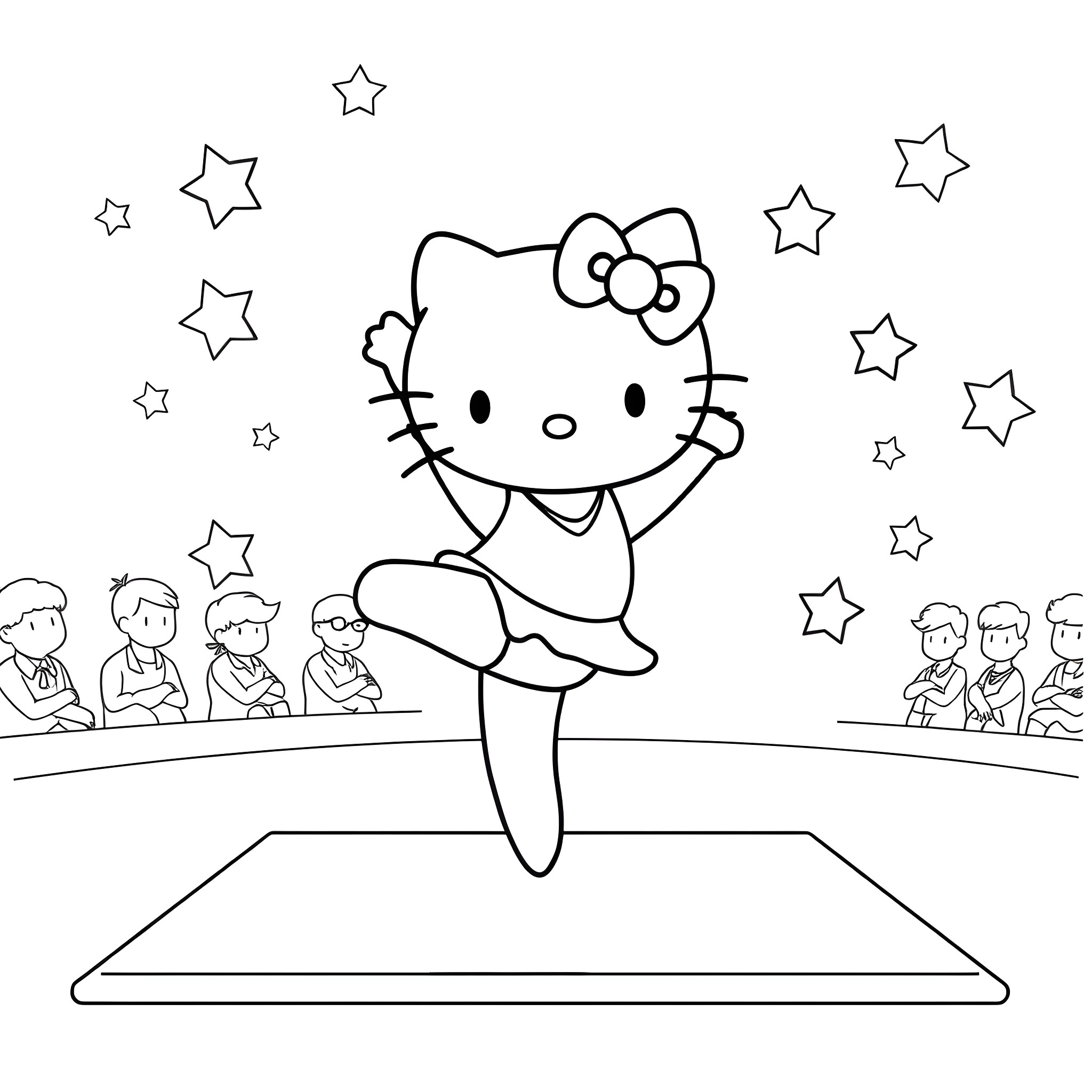 Hello Kitty Performing on Stage with Stars Coloring Page (free black-and-white line drawing printable PDF for all, from beginners to advanced learners, including children, teens, adults, and seniors)