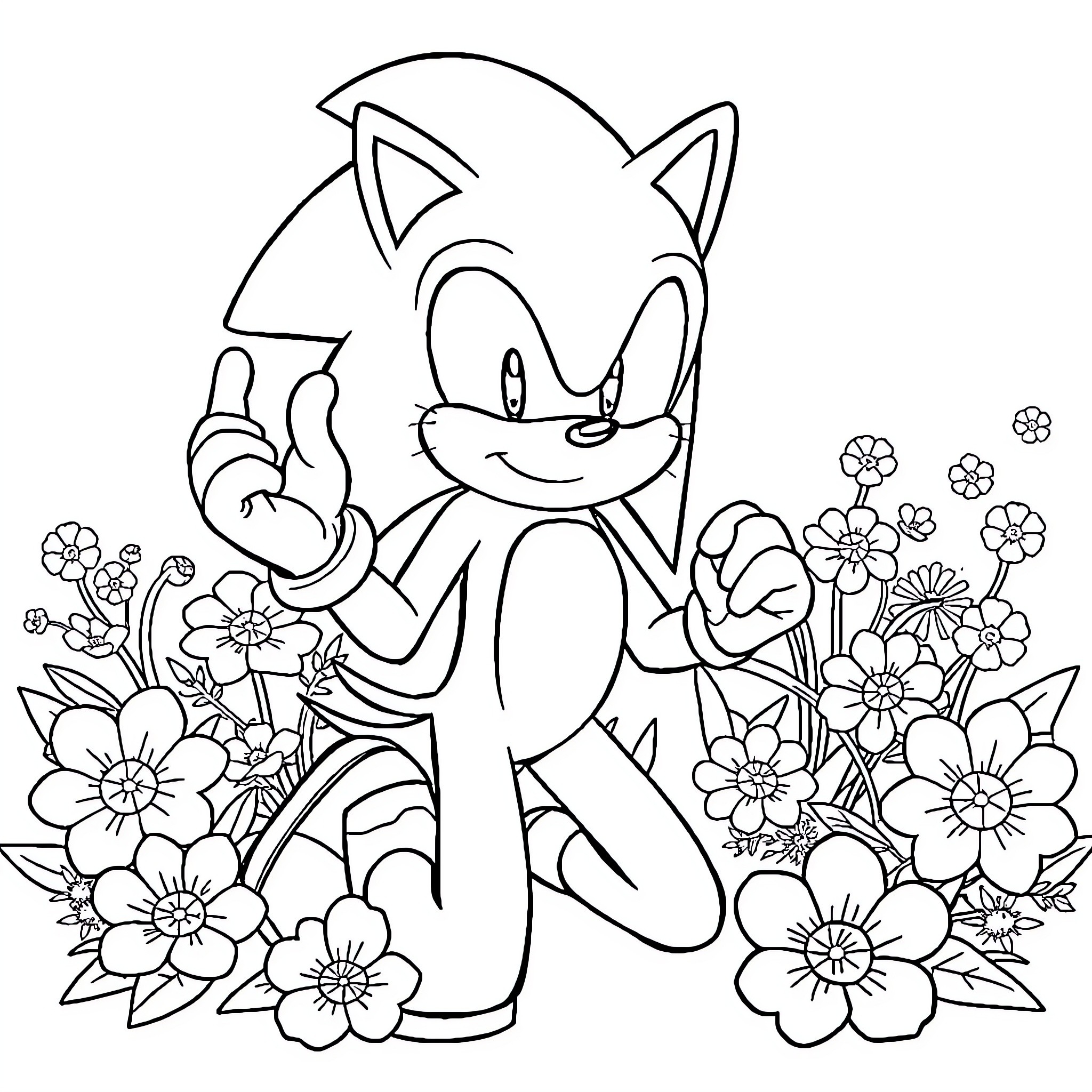 Sonic Surrounded by Vibrant Flowers Coloring Page (free black-and-white line drawing printable PDF for all, from beginners to advanced learners, including children, teens, adults, and seniors)