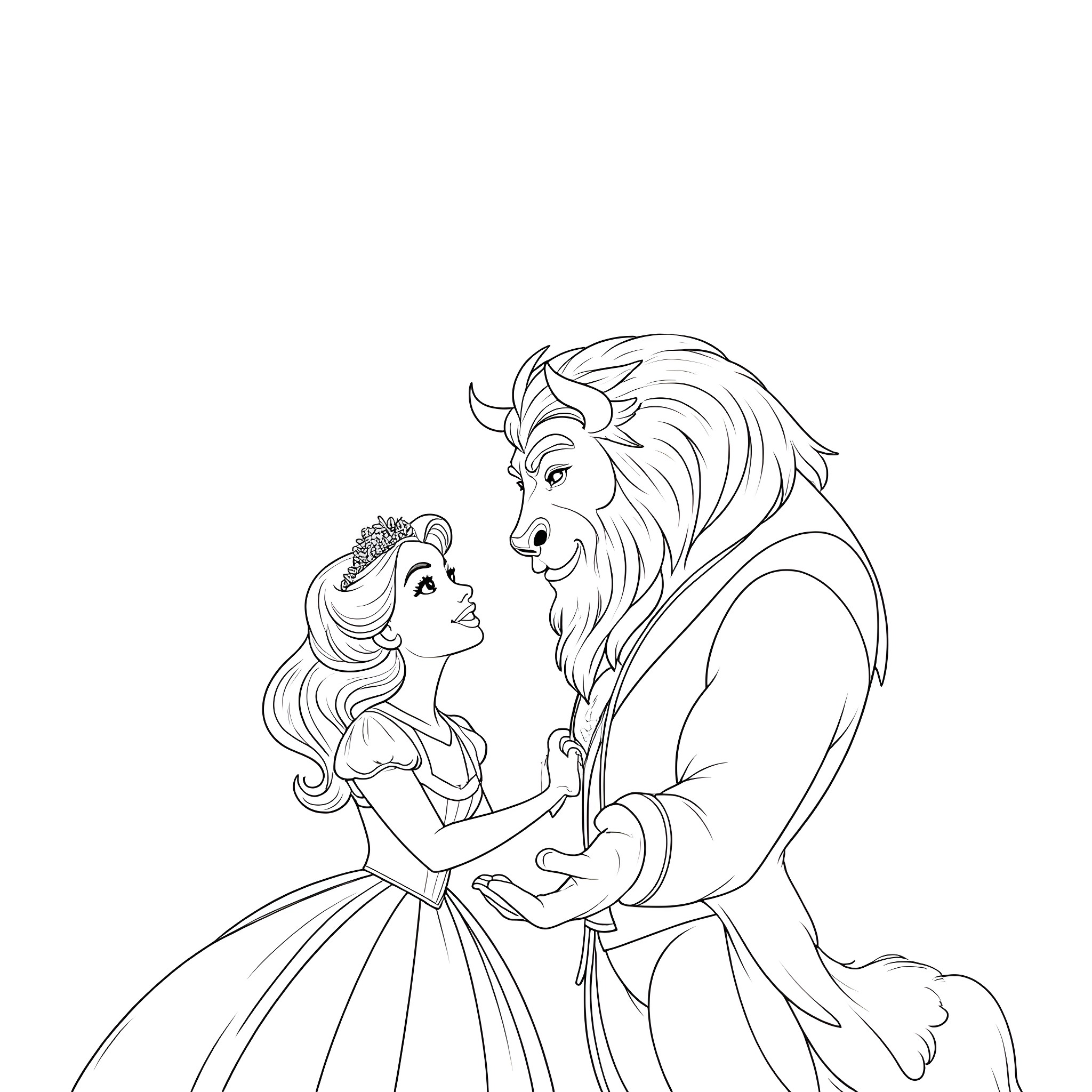 Bella and the Beast holding hands in affection Coloring Page (free black-and-white line drawing printable PDF for all, from beginners to advanced learners, including children, teens, adults, and seniors)