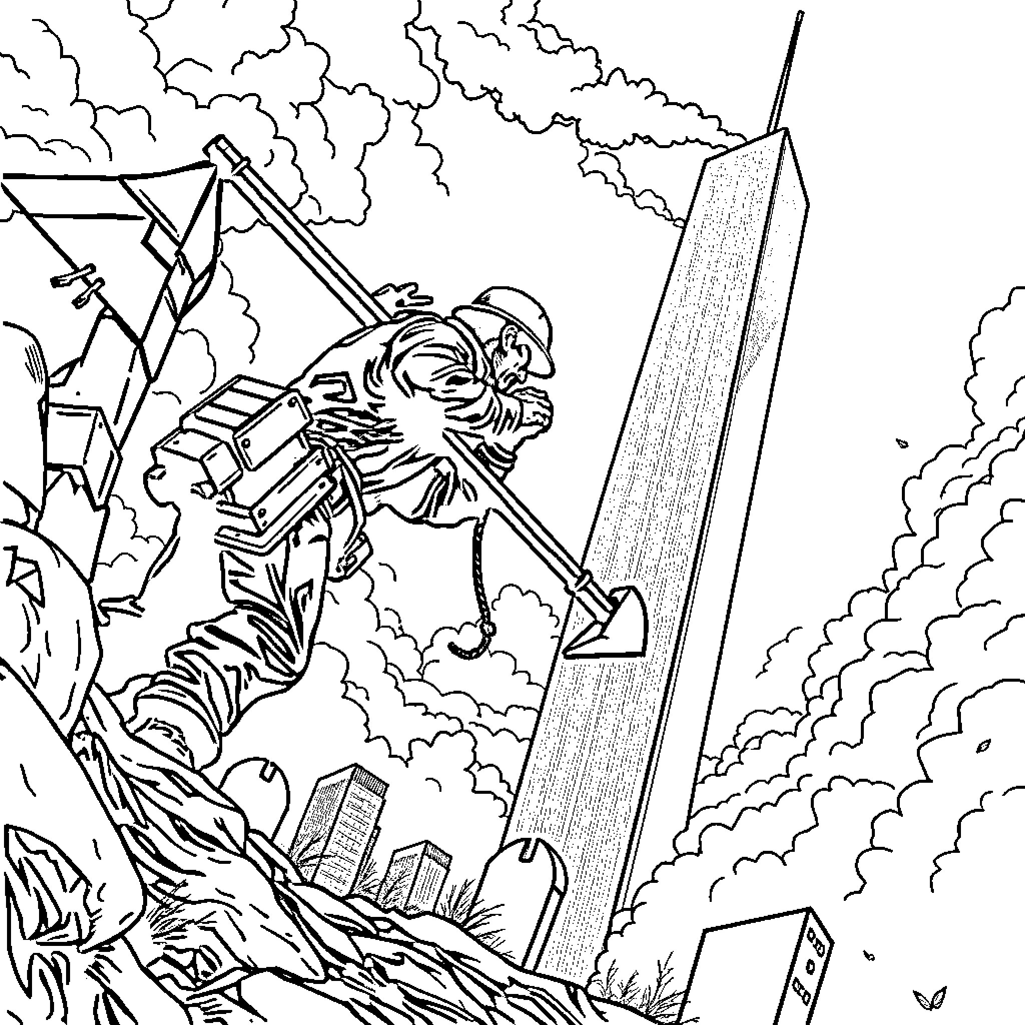 Gravedigger battles rubble and debris in the city Coloring Page (free black-and-white line drawing printable PDF for all, from beginners to advanced learners, including children, teens, adults, and seniors)