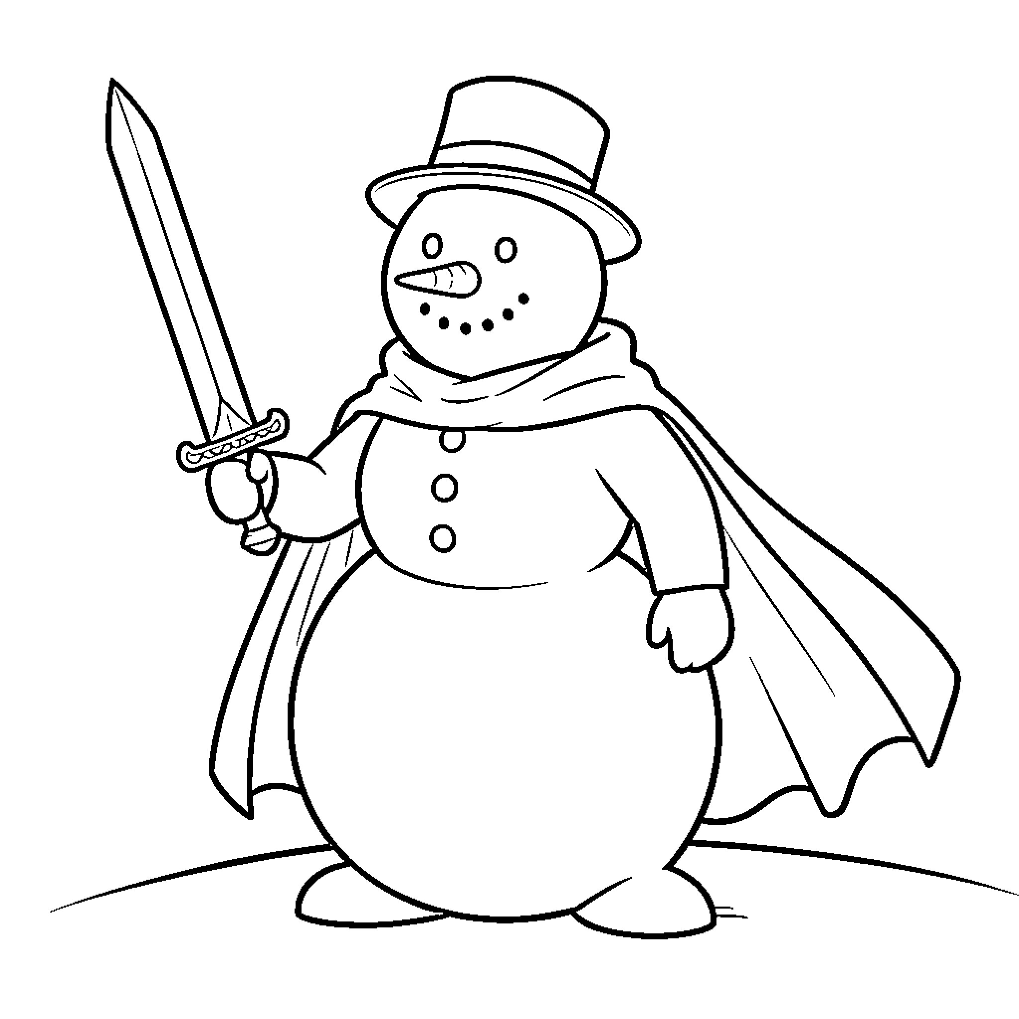 Snowman wearing a cape and holding a sword Coloring Page (free black-and-white line drawing printable PDF for all, from beginners to advanced learners, including children, teens, adults, and seniors)