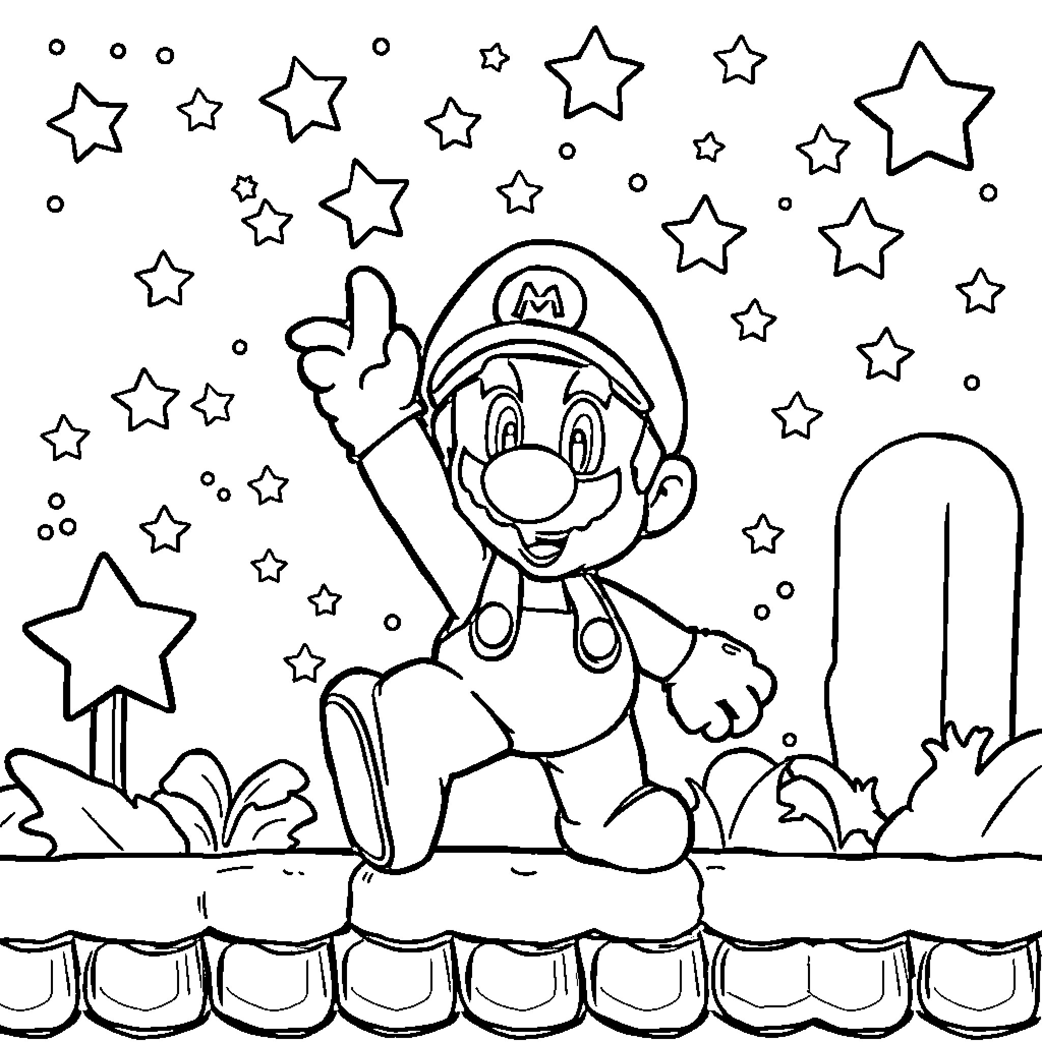 Sprinkler with a Nintendo character Coloring Page (free black-and-white line drawing printable PDF for all, from beginners to advanced learners, including children, teens, adults, and seniors)