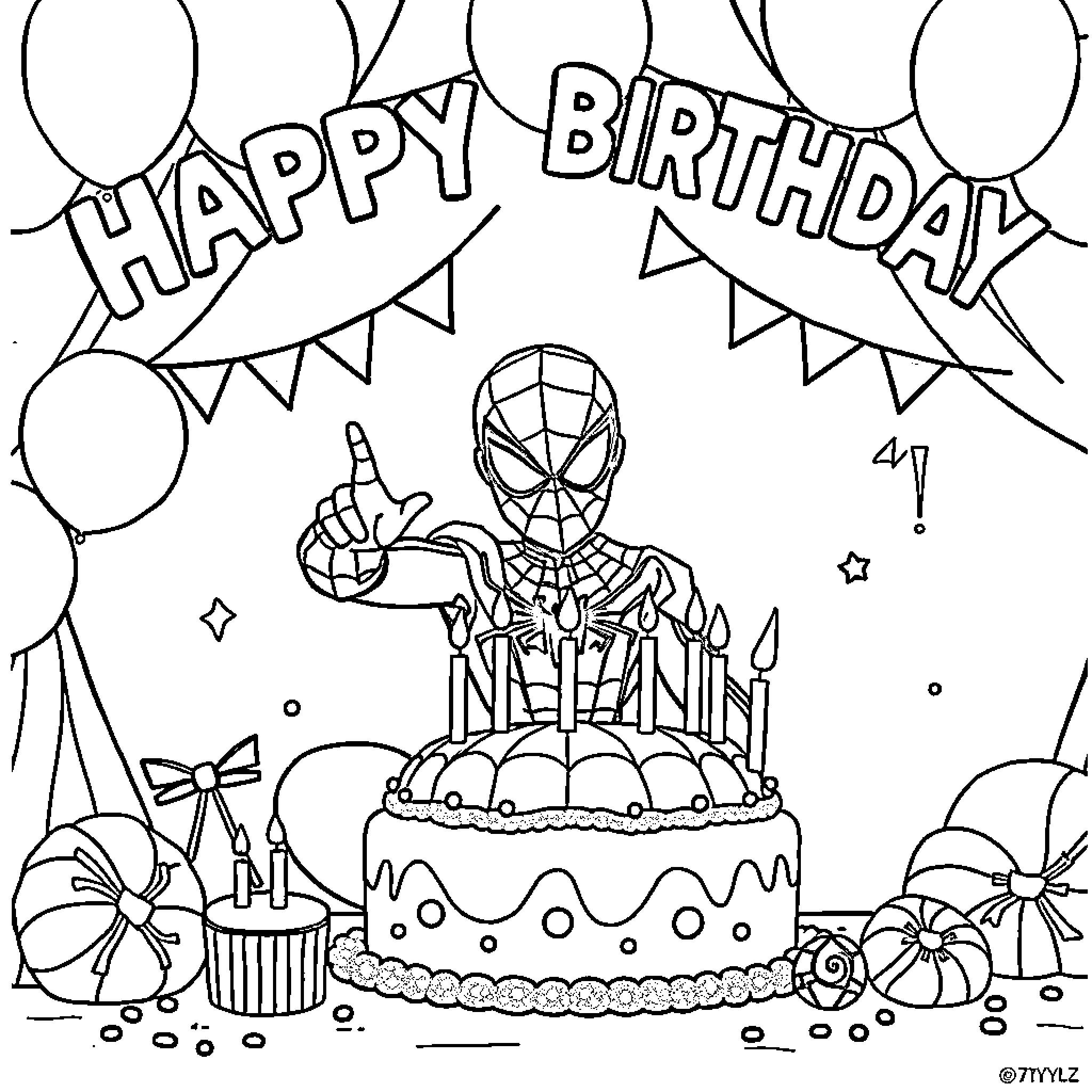 Spiderman celebrates a happy birthday with cake and balloons Coloring Page (free black-and-white line drawing printable PDF for all, from beginners to advanced learners, including children, teens, adults, and seniors)
