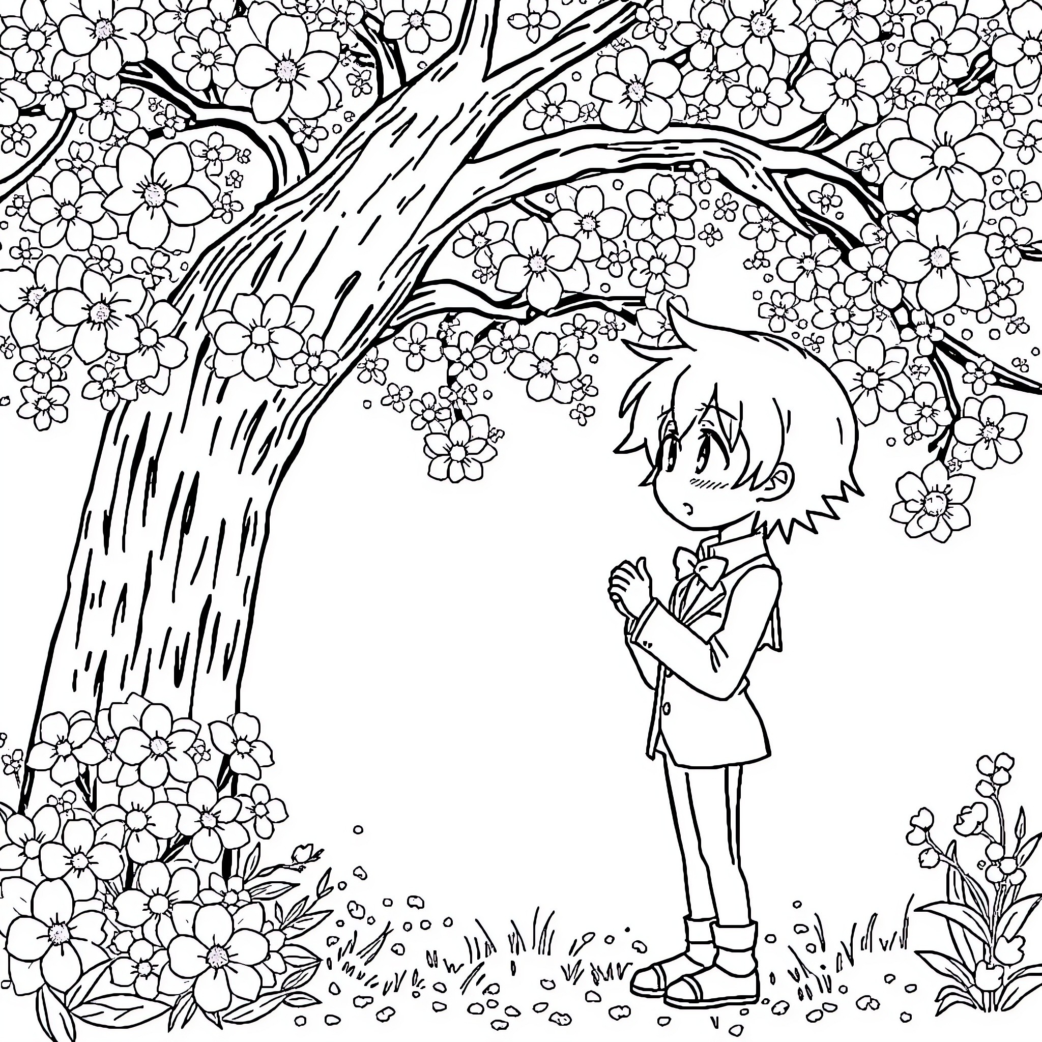 Izuku Midoriya enjoying the nature's beauty Coloring Page (free black-and-white line drawing printable PDF for all, from beginners to advanced learners, including children, teens, adults, and seniors)