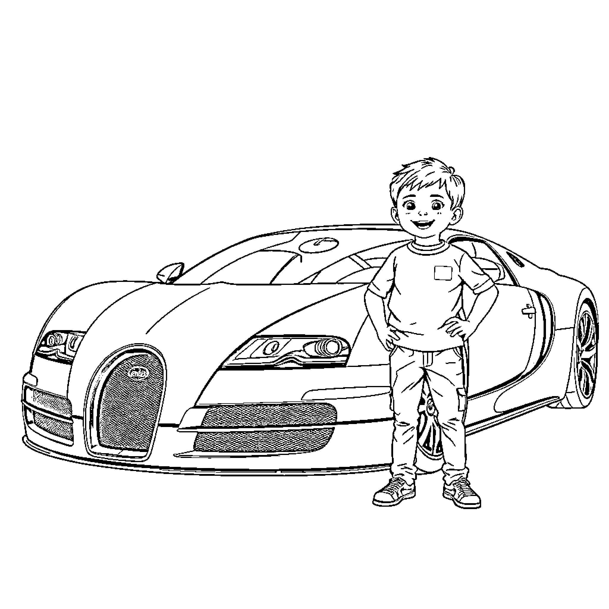 Kid posing with sports car in coloring scene Coloring Page (free black-and-white line drawing printable PDF for all, from beginners to advanced learners, including children, teens, adults, and seniors)