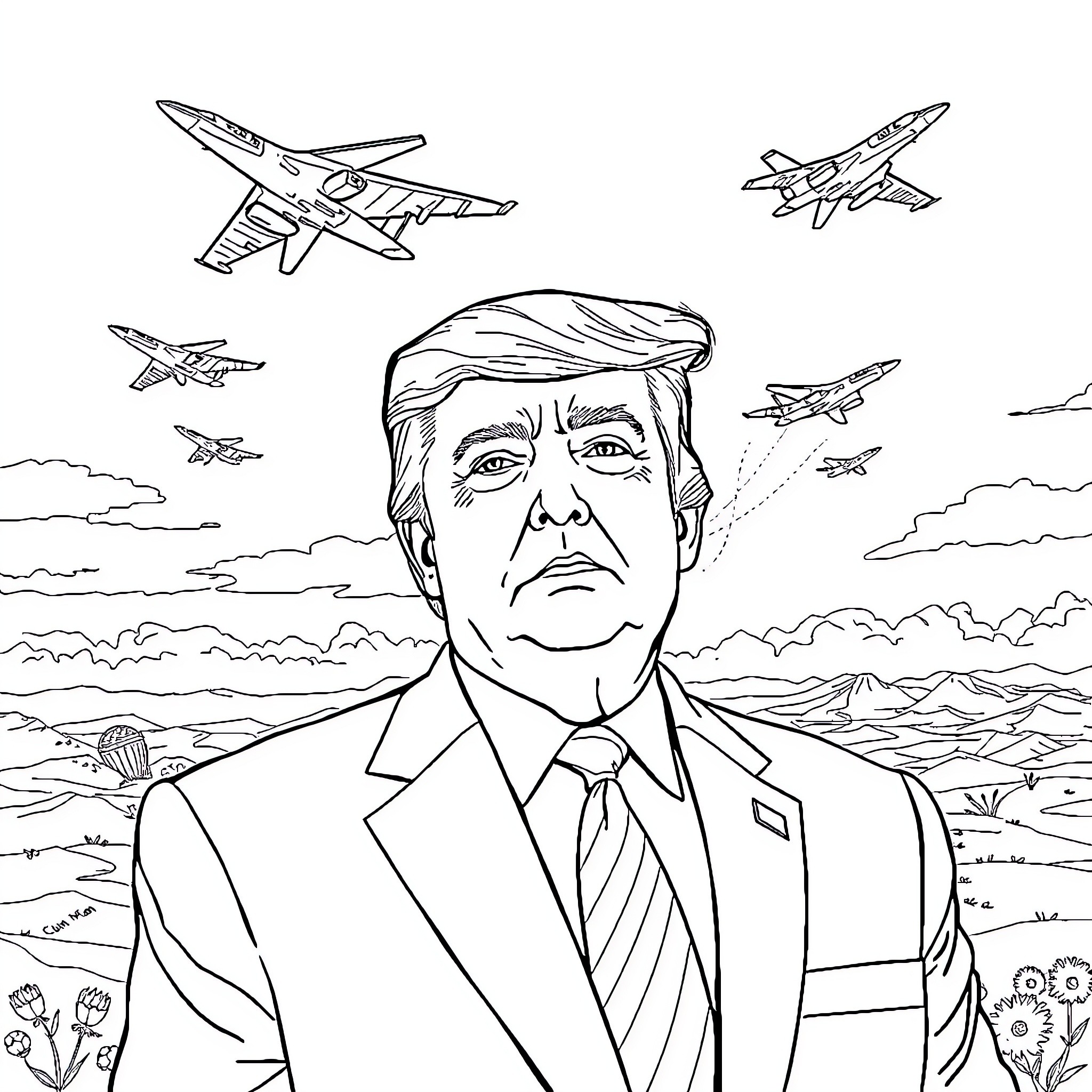 Donald Trump in military uniform with fighter jets overhead Coloring Page (free black-and-white line drawing printable PDF for all, from beginners to advanced learners, including children, teens, adults, and seniors)
