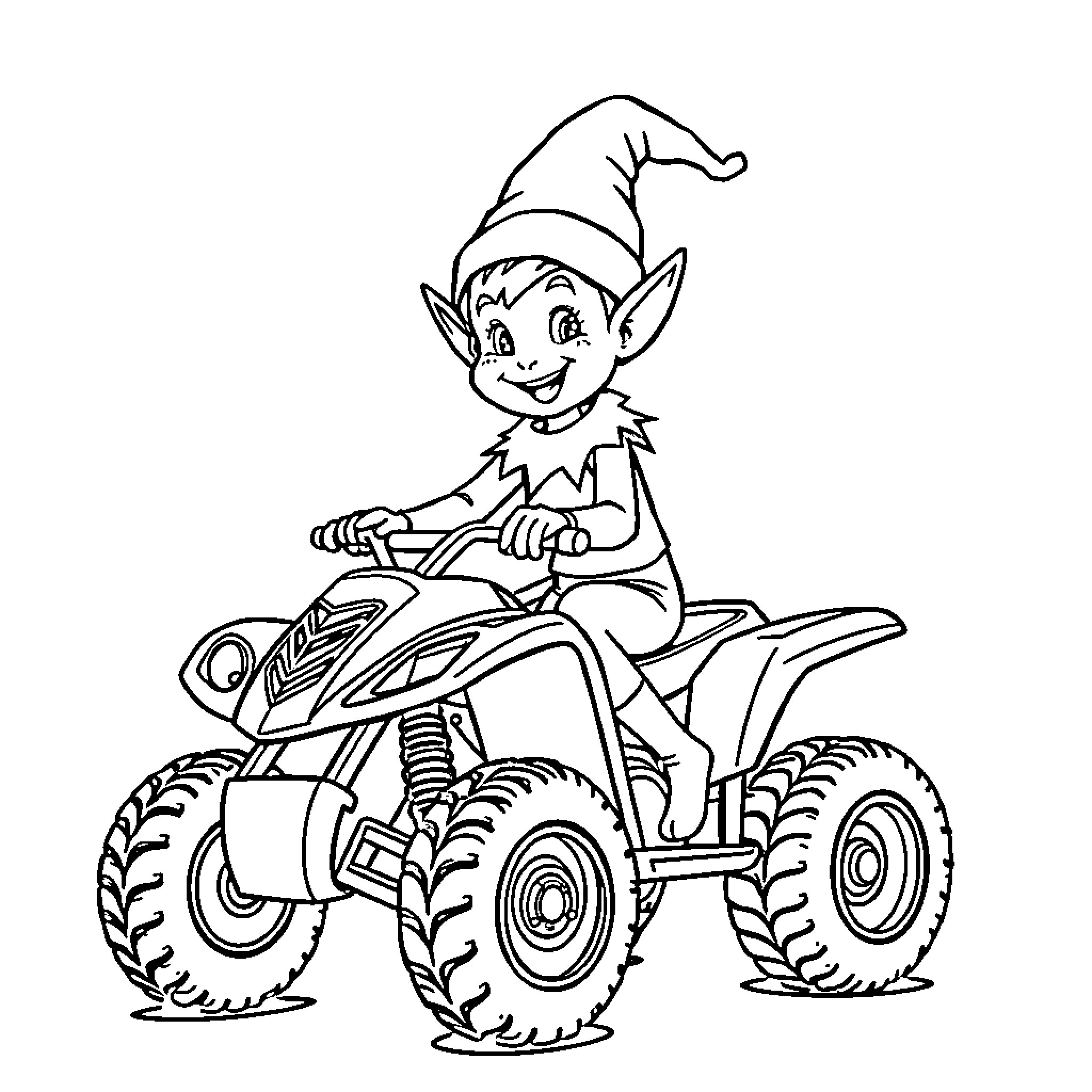 Elf riding a quad bike with glee Coloring Page (free black-and-white line drawing printable PDF for all, from beginners to advanced learners, including children, teens, adults, and seniors)