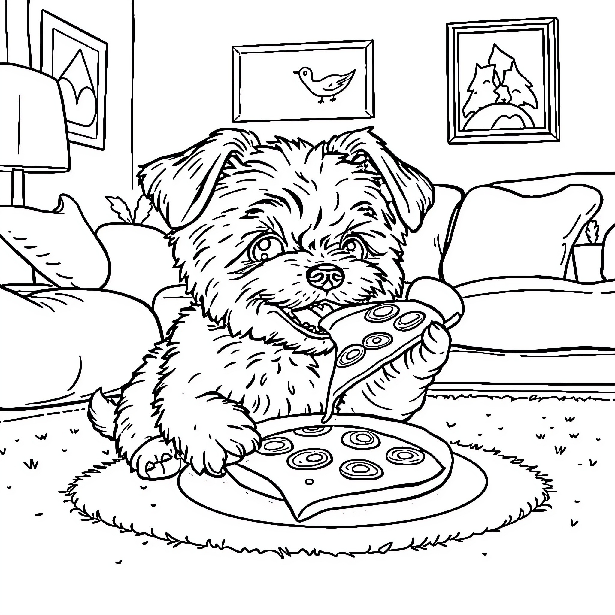 Maltipoo enjoying a tasty treat at home Coloring Page (free black-and-white line drawing printable PDF for all, from beginners to advanced learners, including children, teens, adults, and seniors)