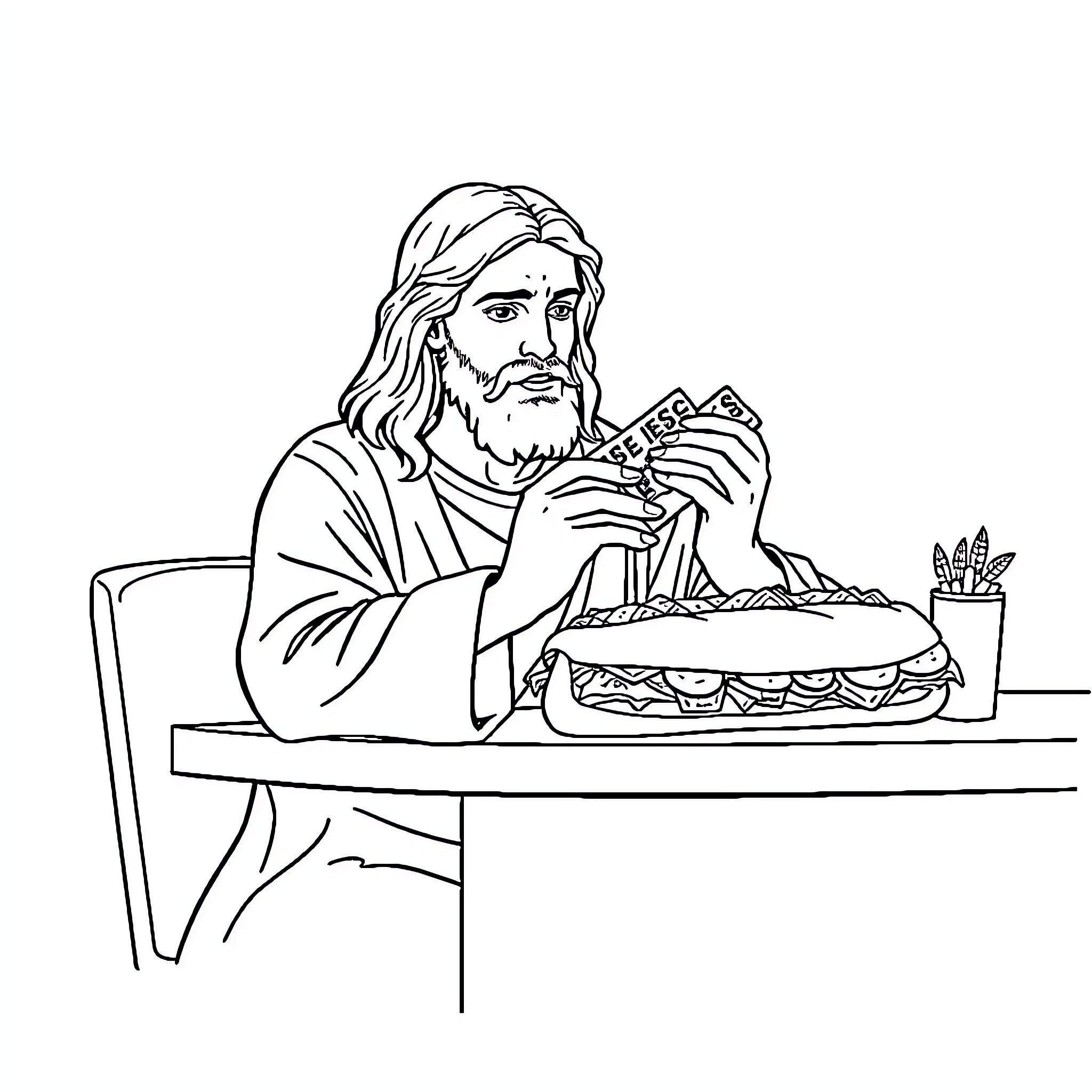 Jesus Enjoying a Meal with Friends Coloring Page (free black-and-white line drawing printable PDF for all, from beginners to advanced learners, including children, teens, adults, and seniors)