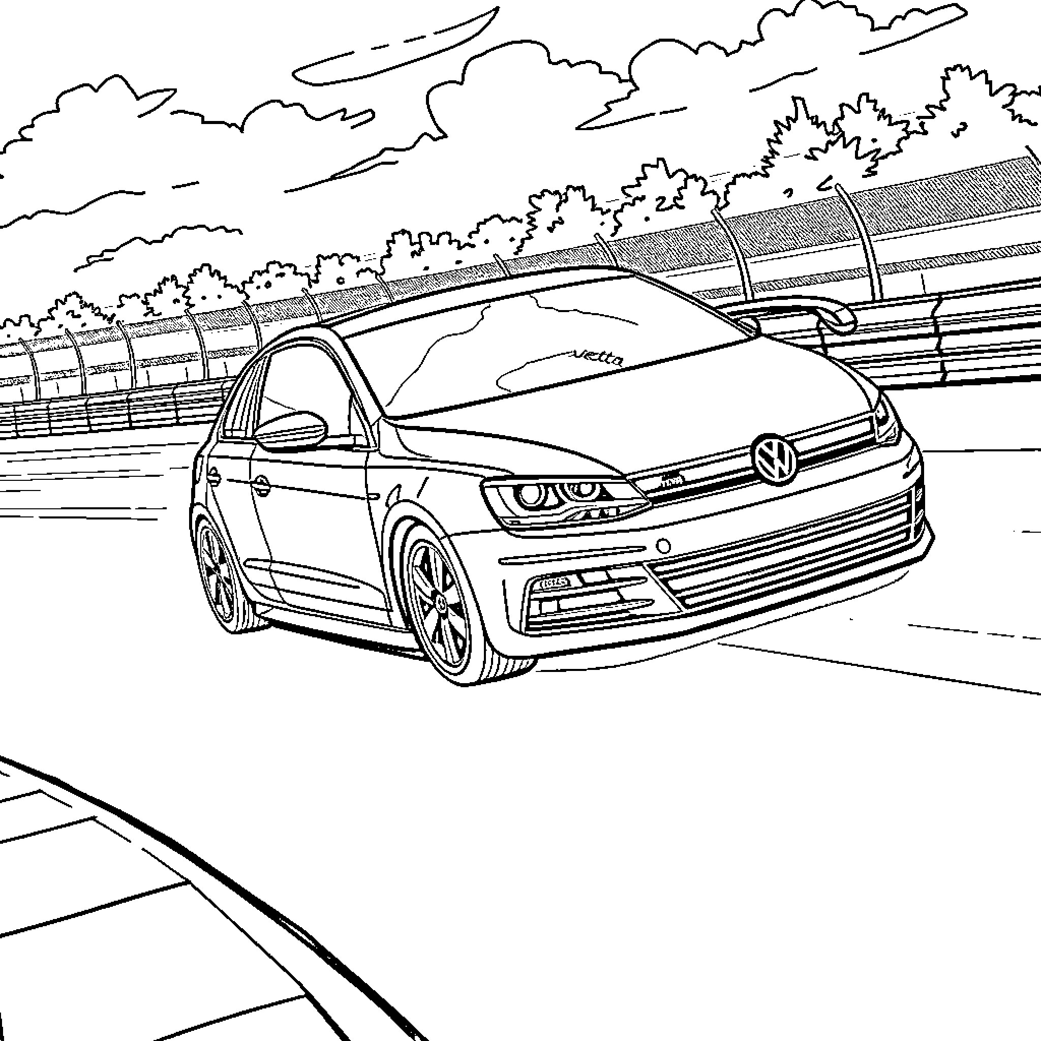 VW Jetta racing on the highway Coloring Page (free black-and-white line drawing printable PDF for all, from beginners to advanced learners, including children, teens, adults, and seniors)