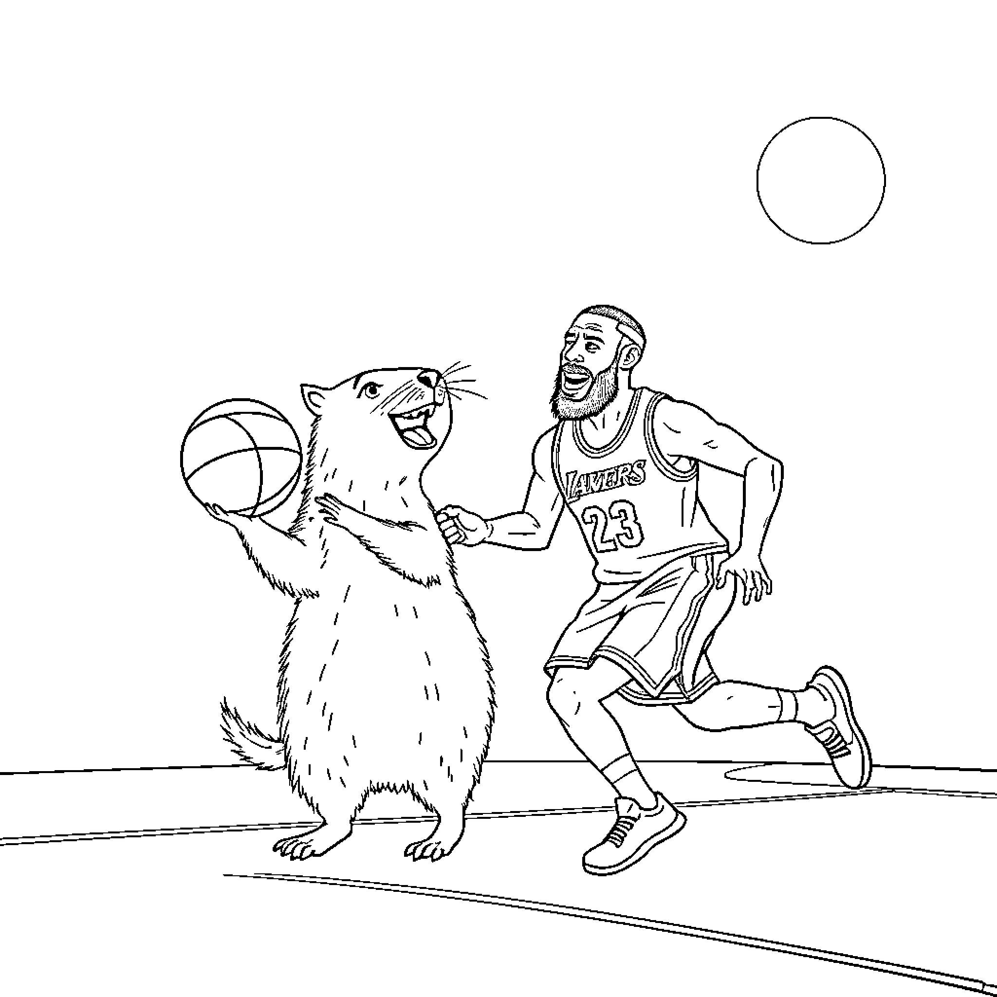 Capybara playing basketball with athlete Coloring Page (free black-and-white line drawing printable PDF for all, from beginners to advanced learners, including children, teens, adults, and seniors)