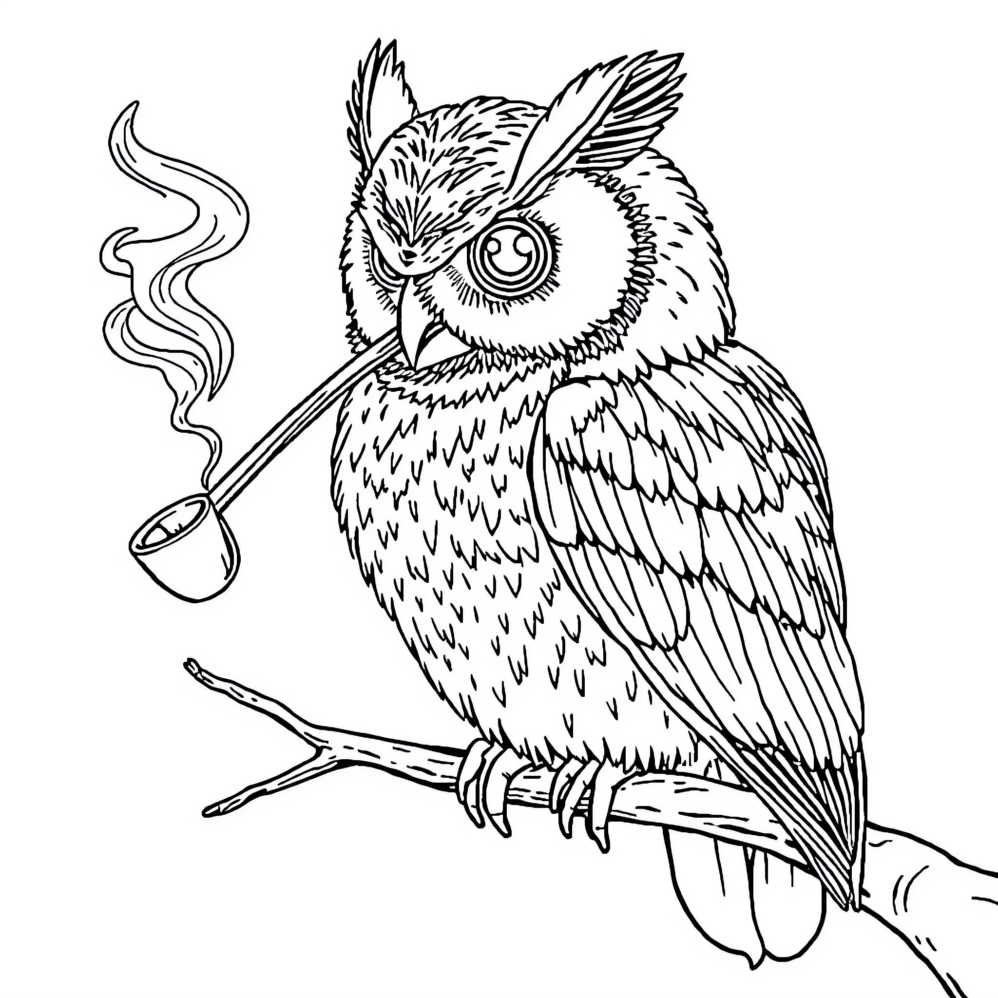 Owl smoking a pipe on a tree branch Coloring Page (free black-and-white line drawing printable PDF for all, from beginners to advanced learners, including children, teens, adults, and seniors)