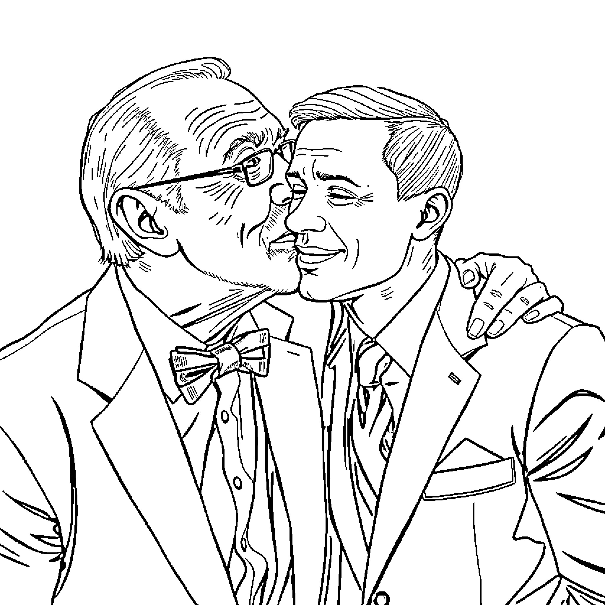 Man Embracing Another Man in Formal Attire Coloring Page (free black-and-white line drawing printable PDF for all, from beginners to advanced learners, including children, teens, adults, and seniors)